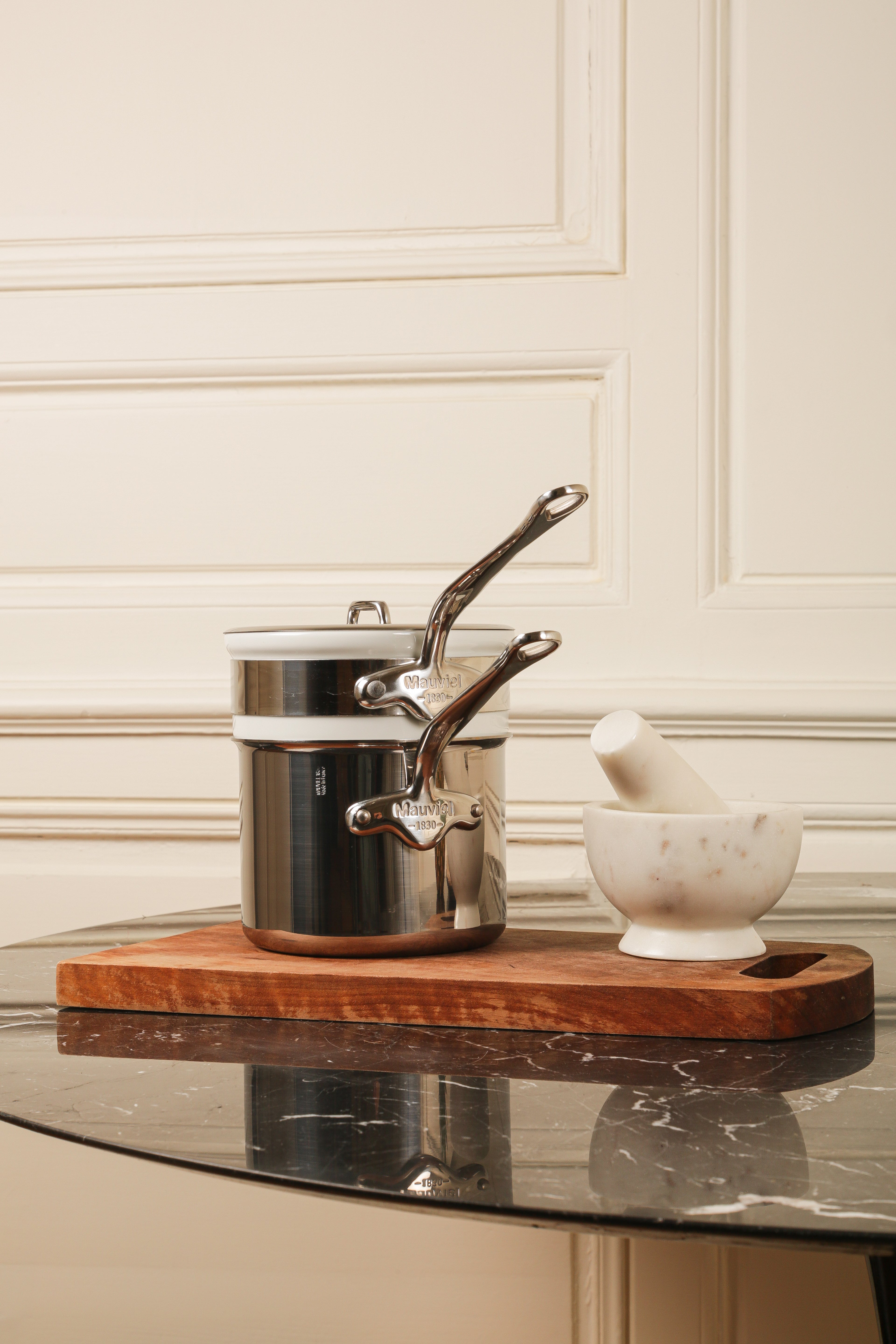 Mauviel Stainless Steel Bain Marie/Double Boiler With Lid, Cast Stainless Steel Handle, 0.9-Qt - Mauviel1830