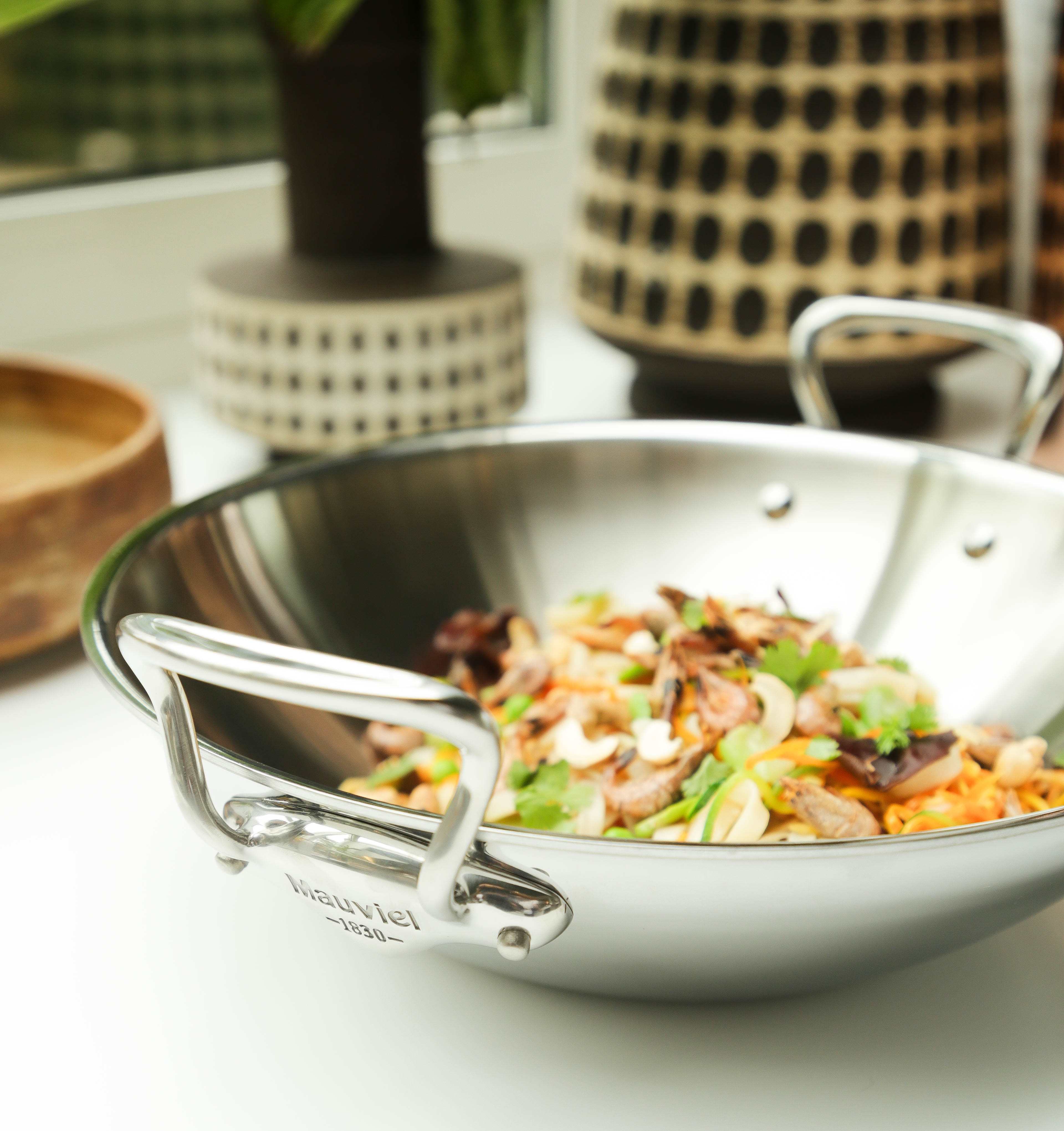 Mauviel M'COOK 5-Ply Wok With Rack, Two Cast Stainless Steel Handles, 12.6-In - Mauviel1830