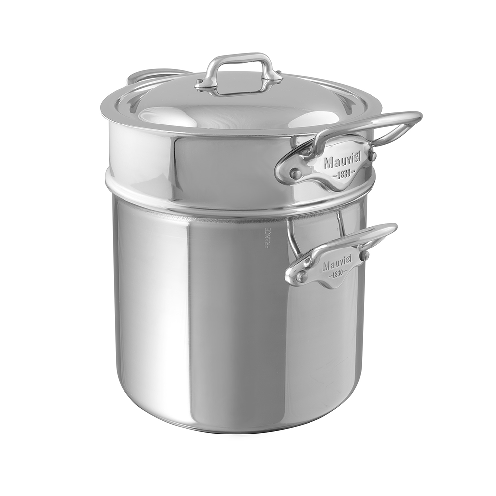 Mauviel stainless steel 3-piece pasta set featuring a 9.7-quart stock pot with lid and pasta insert for cooking large meals.