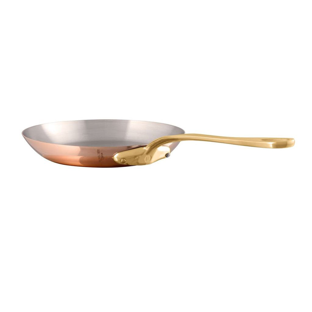 Mauviel M'Heritage M'200 B copper 2-piece frying pan set with brass handles, showcasing polished copper surfaces and sturdy handles.