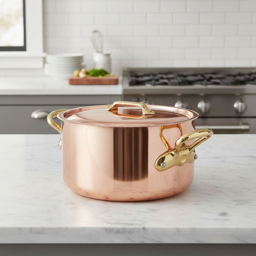 Mauviel M'Heritage M'200 B Copper Stewpan With Lid, Brass Handles, 6.1-Qt - Mauviel1830