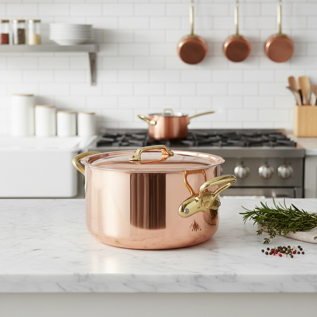 Mauviel M'Heritage M'200 B Copper Stewpan With Lid, Brass Handles, 6.1-Qt - Mauviel1830