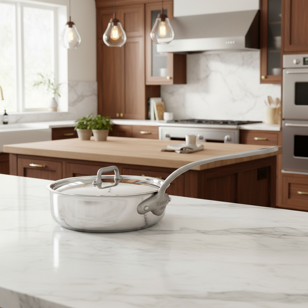 Mauviel M'Cook SB 5-Ply stainless steel saute pan with lid, brushed cast stainless steel handle, 3.4-quart capacity.