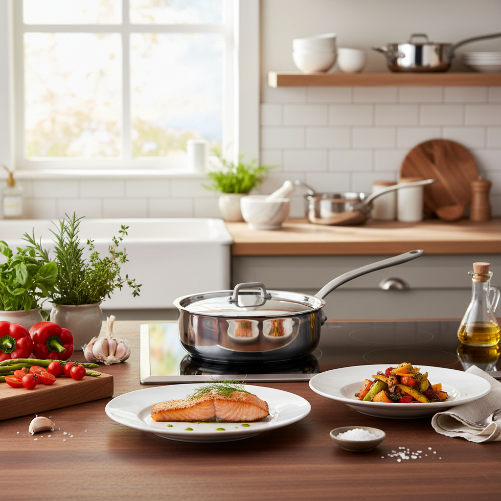 Mauviel M'Cook SB 5-Ply stainless steel sauté pan with lid, brushed handle, 3.4-quart capacity, ideal for versatile cooking.