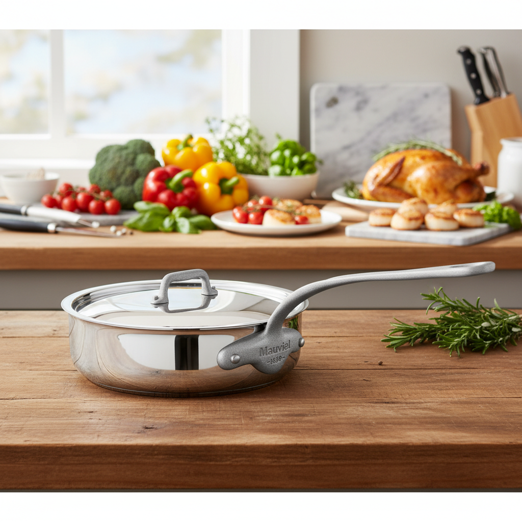 Mauviel M'Cook SB 5-ply stainless steel saute pan with lid, brushed stainless steel handle, 3.4-quart capacity