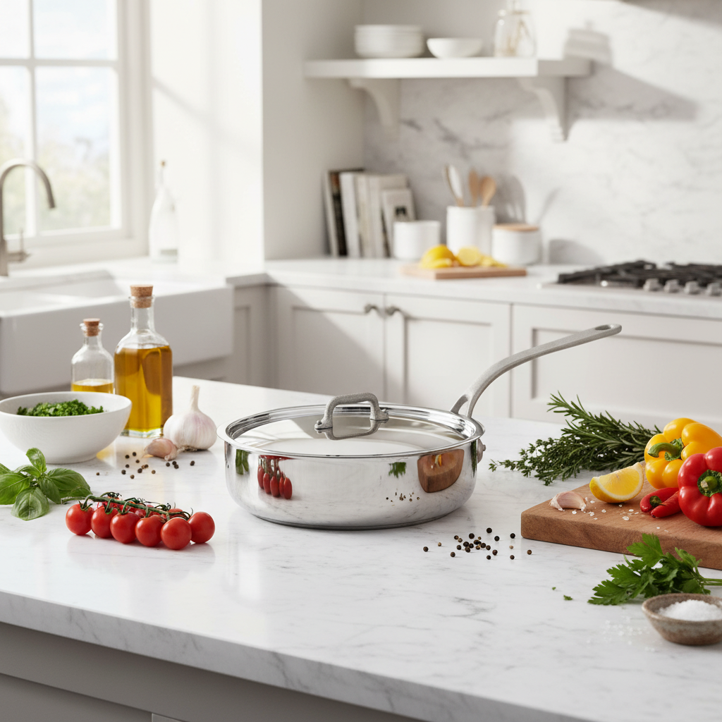 Mauviel M'Cook SB 5-Ply stainless steel sauté pan with lid, brushed cast stainless steel handle, 3.4-quart capacity