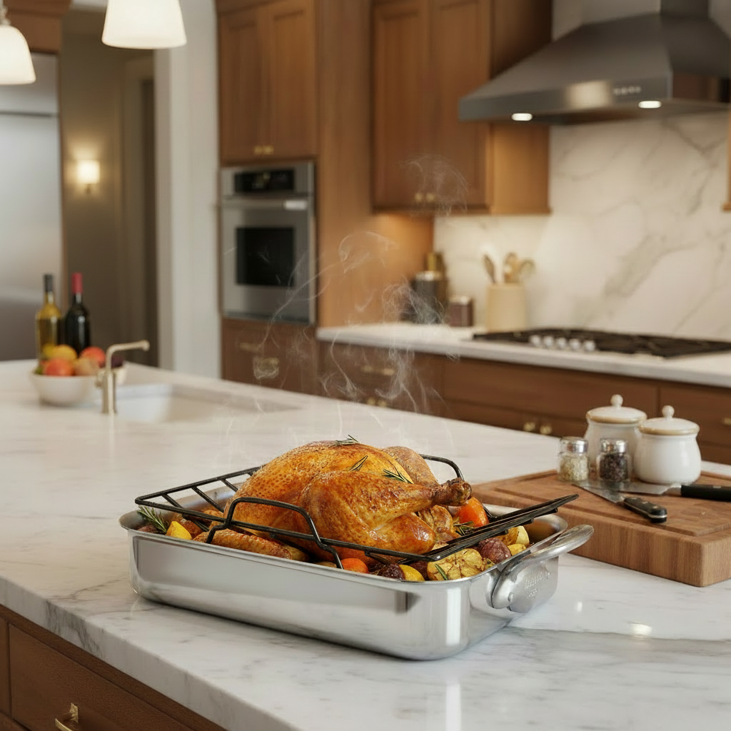 Mauviel Stainless Steel Roasting Pan With Rack And Brushed Cast Stainless Steel Handles, 15.7 x 11.8-In - Mauviel1830