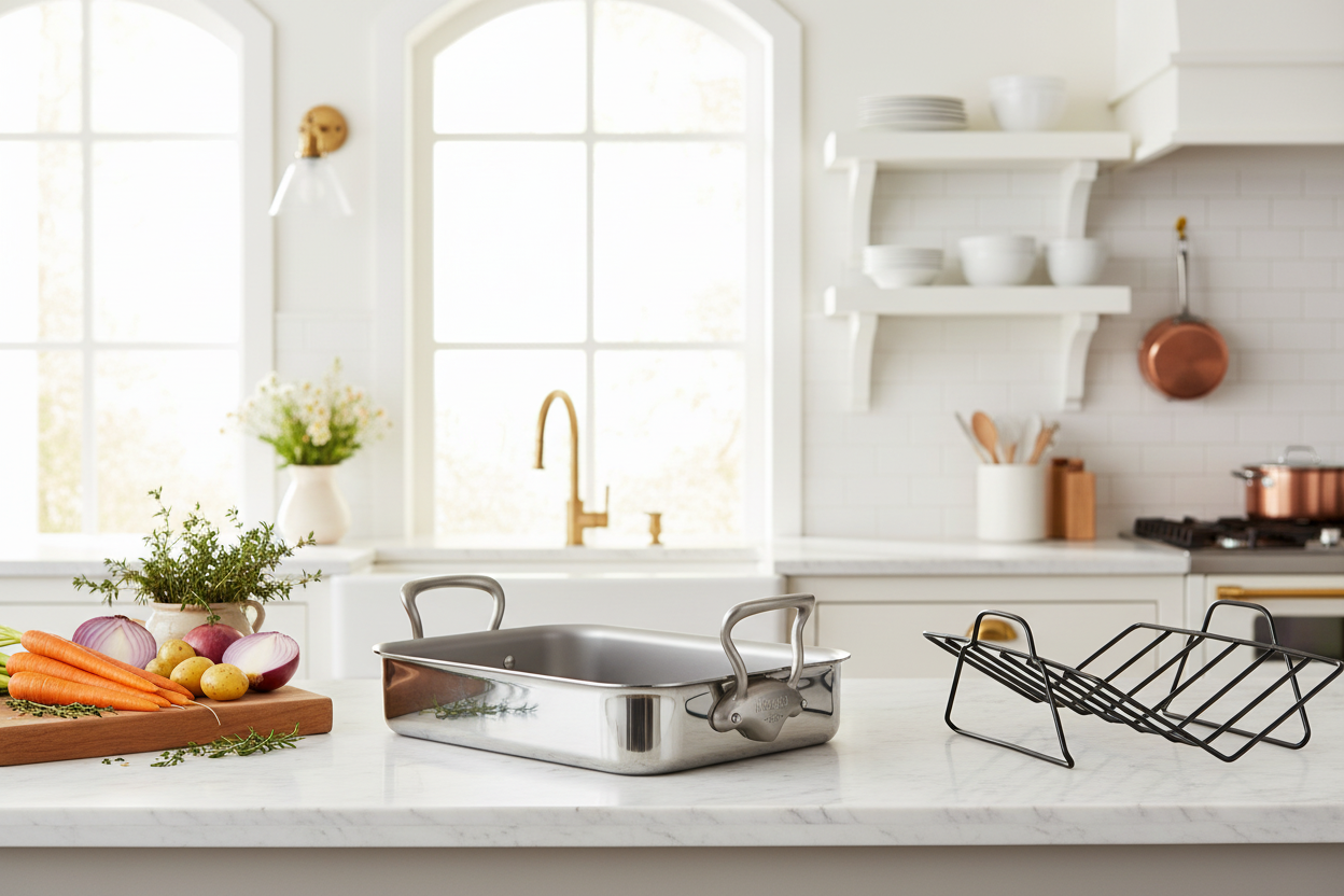 Mauviel Stainless Steel Roasting Pan With Rack And Brushed Cast Stainless Steel Handles, 15.7 x 11.8-In - Mauviel1830