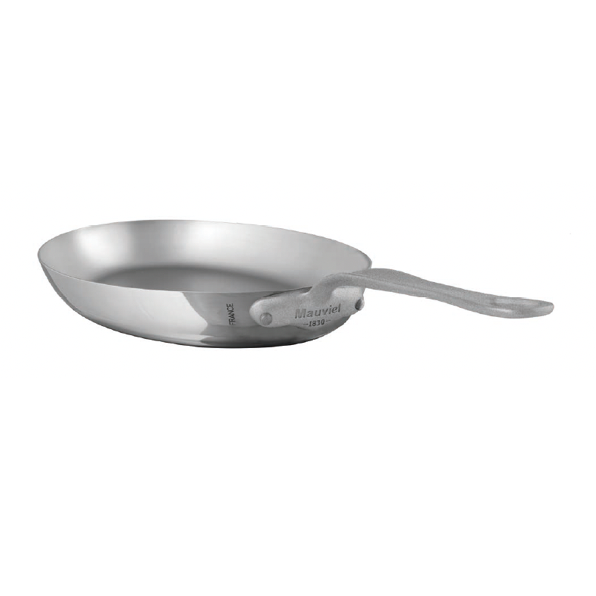 Mauviel M'Cook SB 5-Ply oval frying pan with brushed cast stainless steel handle, measuring 13.5 x 9.1 inches, stainless steel cookware