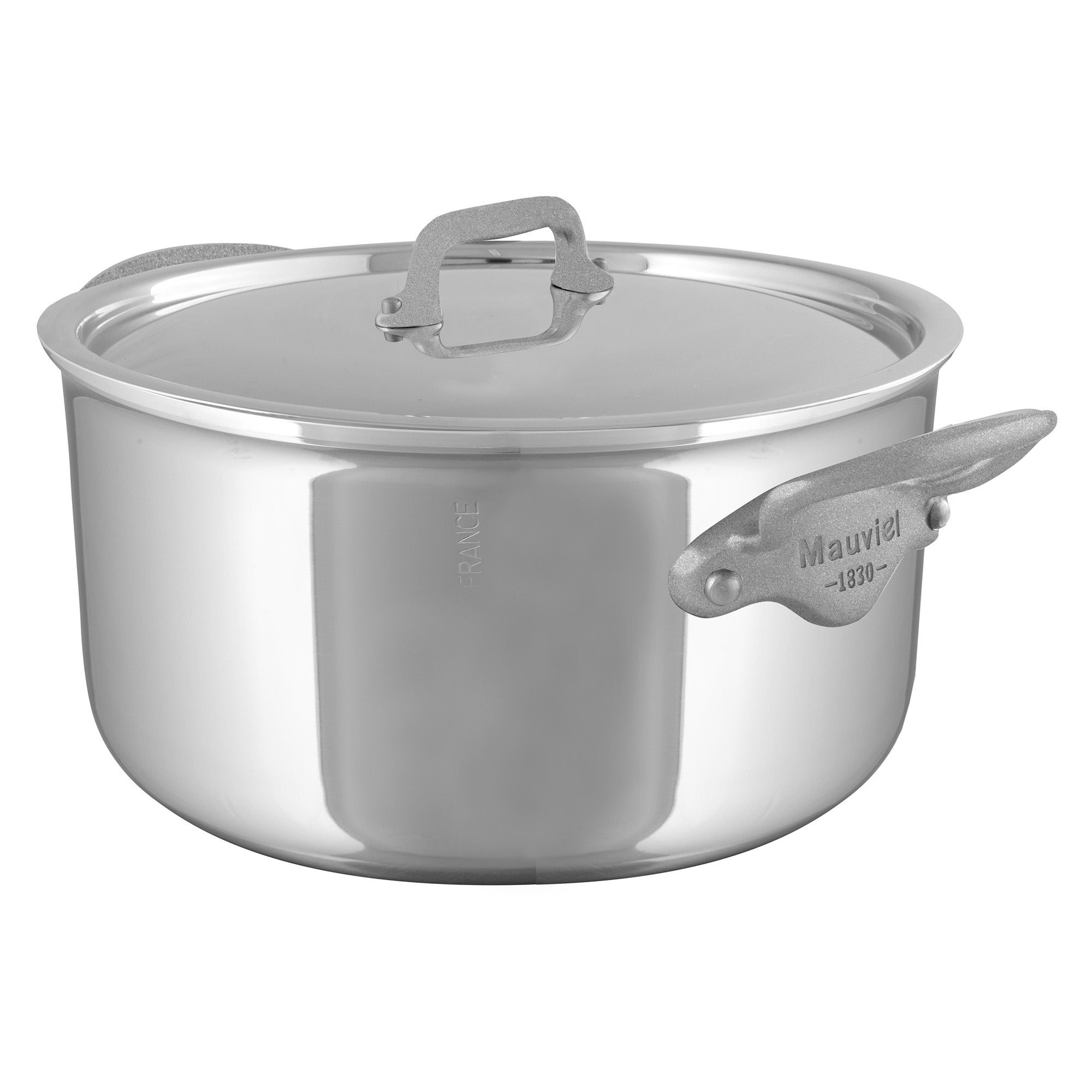 Mauviel M'Cook SB 5-Ply stainless steel stewpan with lid, brushed handles, 6.1-quart capacity, ideal for cooking and simmering