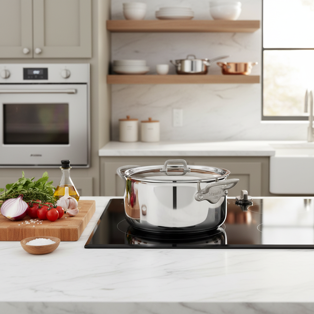 Mauviel M'Cook SB 5-Ply stainless steel stockpot with lid, brushed cast stainless steel handles, 6.1-quart capacity.