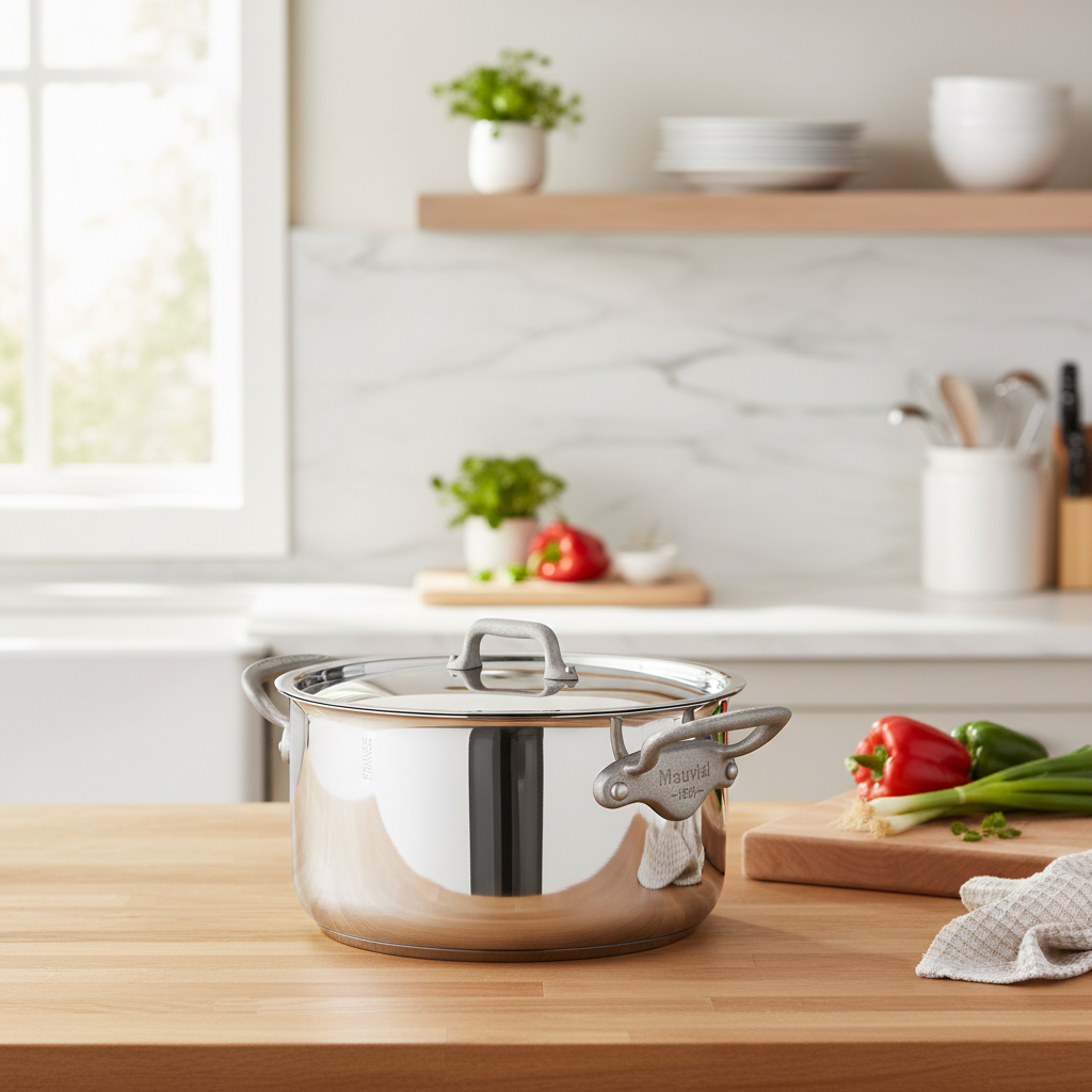 Mauviel M'Cook SB 5-Ply stainless steel stewpan with lid, brushed handles, 6.1-quart capacity, ideal for cooking and simmering