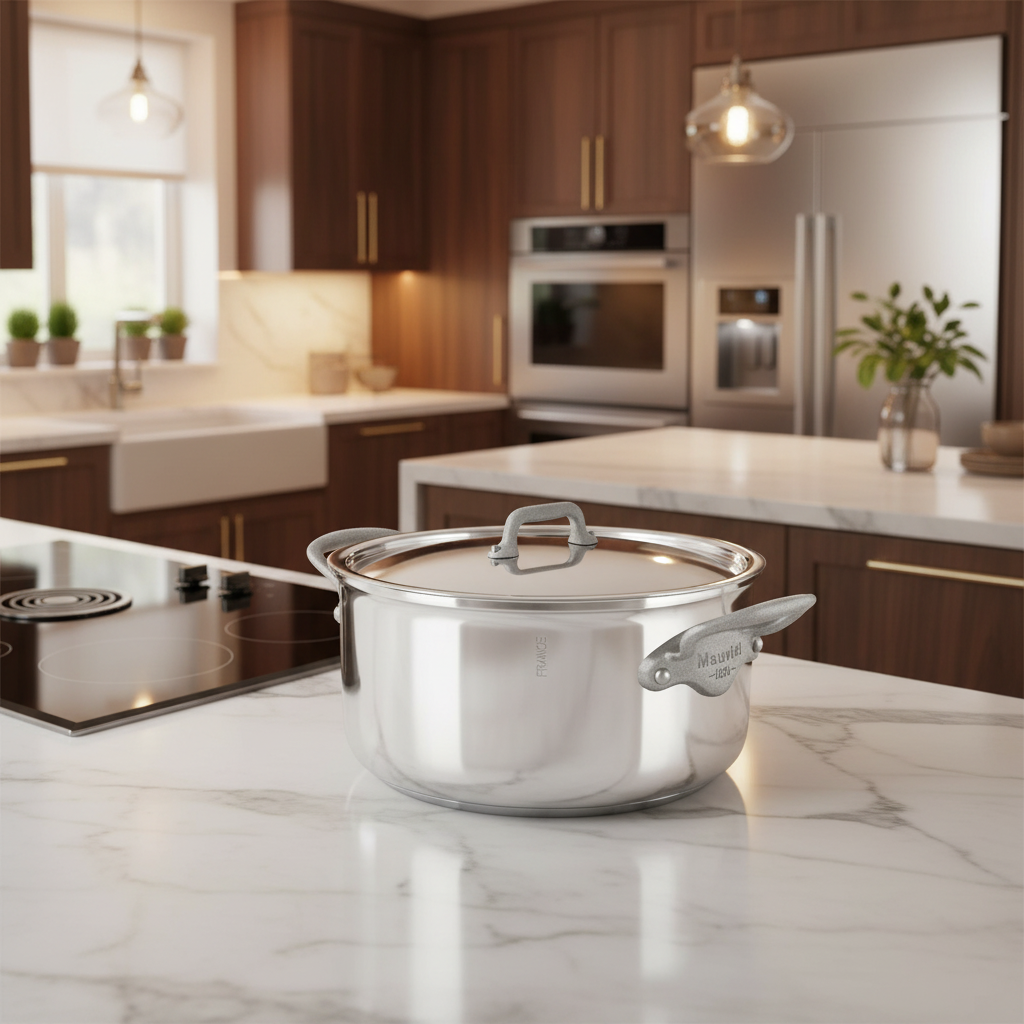 Mauviel M'Cook SB 5-Ply stainless steel stewpan with lid, brushed cast stainless steel handles, 6.1-quart stockpot on stovetop