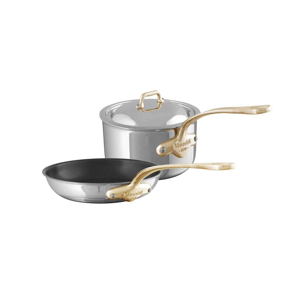 Mauviel M'COOK B Fry Pan 7.9-Inch and Sauce Pan 1.8-Qt, Brass Handles - Mauviel1830