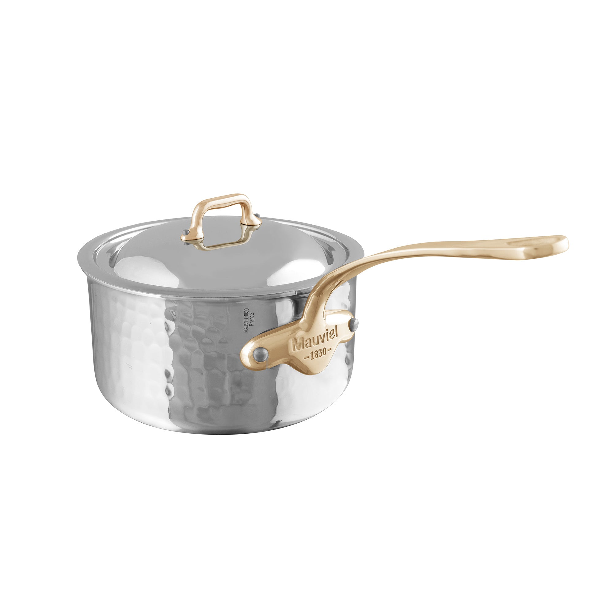 Mauviel M'ELITE B Hammered 5-Ply Sauce Pan With Curved Lid, Brass Handle, 1.8-Qt - Mauviel1830
