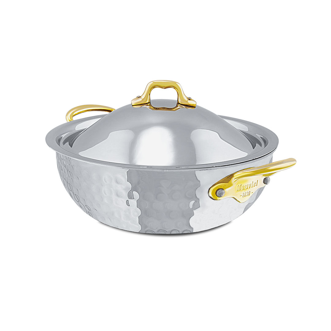 Mauviel M'ELITE B Hammered 5-Ply Splayed Saute Pan With Lid, Brass Handles, 3.8-Qt - Mauviel1830