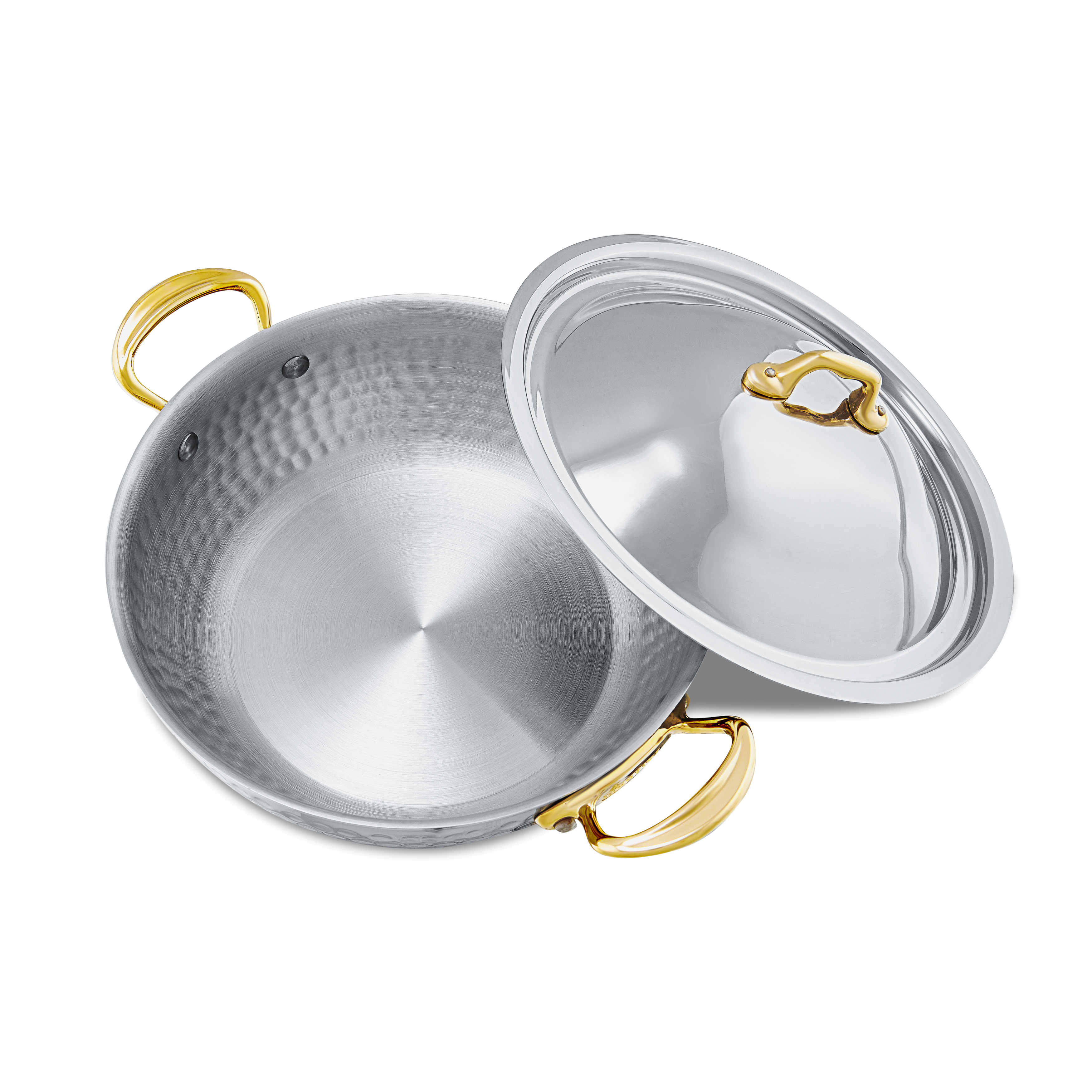 Mauviel M'ELITE B Hammered 5-Ply Curved Splayed Saute Pan With Lid, Brass Handles - Mauviel1830