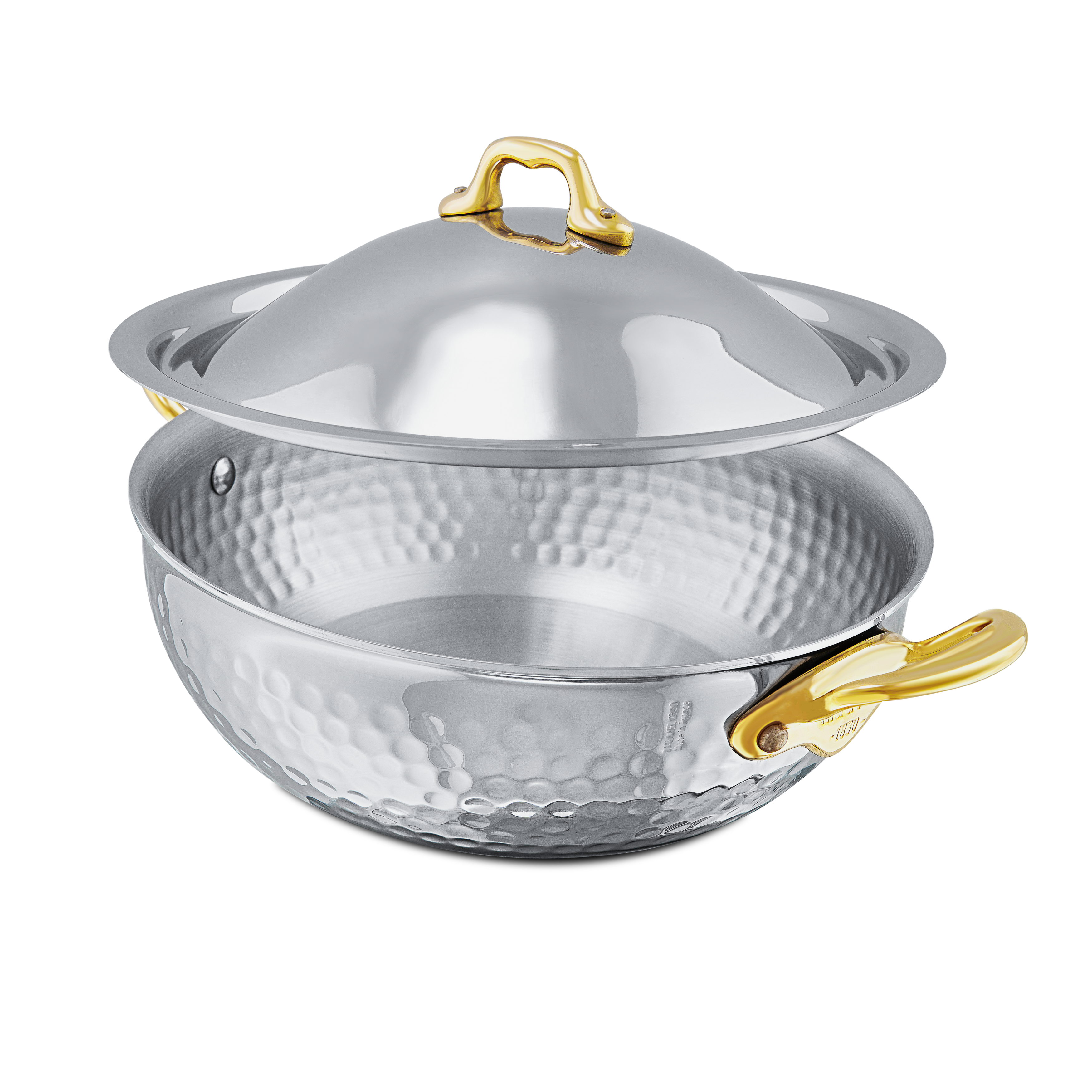 Mauviel M'ELITE B Hammered 5-Ply Curved Splayed Saute Pan With Lid, Brass Handles - Mauviel1830