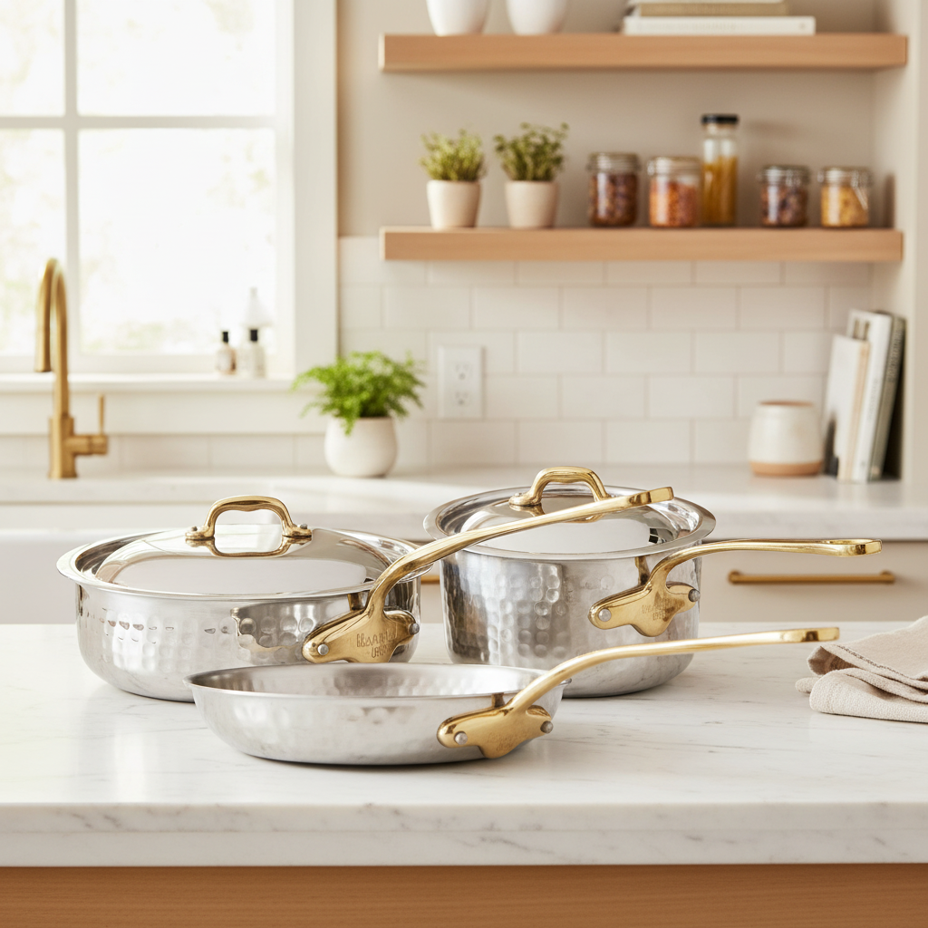 Mauviel M'ELITE B hammered 5-ply 5-piece cookware set with brass handles, shown with pots and pans arranged on a kitchen countertop.