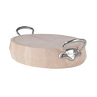 Mauviel Savoir Vivre chopping block with cast stainless steel handles, large wooden cutting board for kitchen prep.