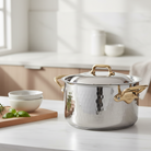 Mauviel M'ELITE B hammered 5-ply stewpan with brass handles and lid, stainless steel stockpot for cooking and simmering