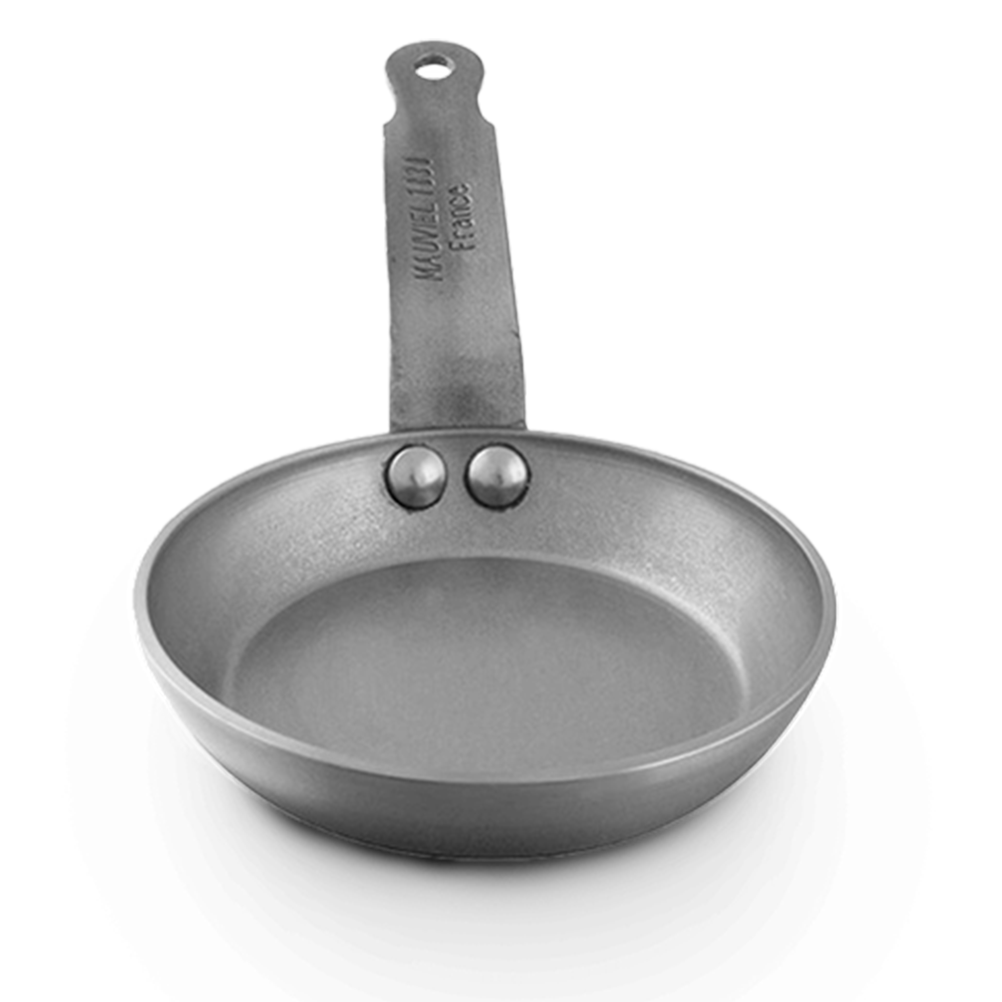 Mauviel M'STEEL black carbon steel blini pan with 4.7-inch diameter, ideal for making small pancakes or blinis.