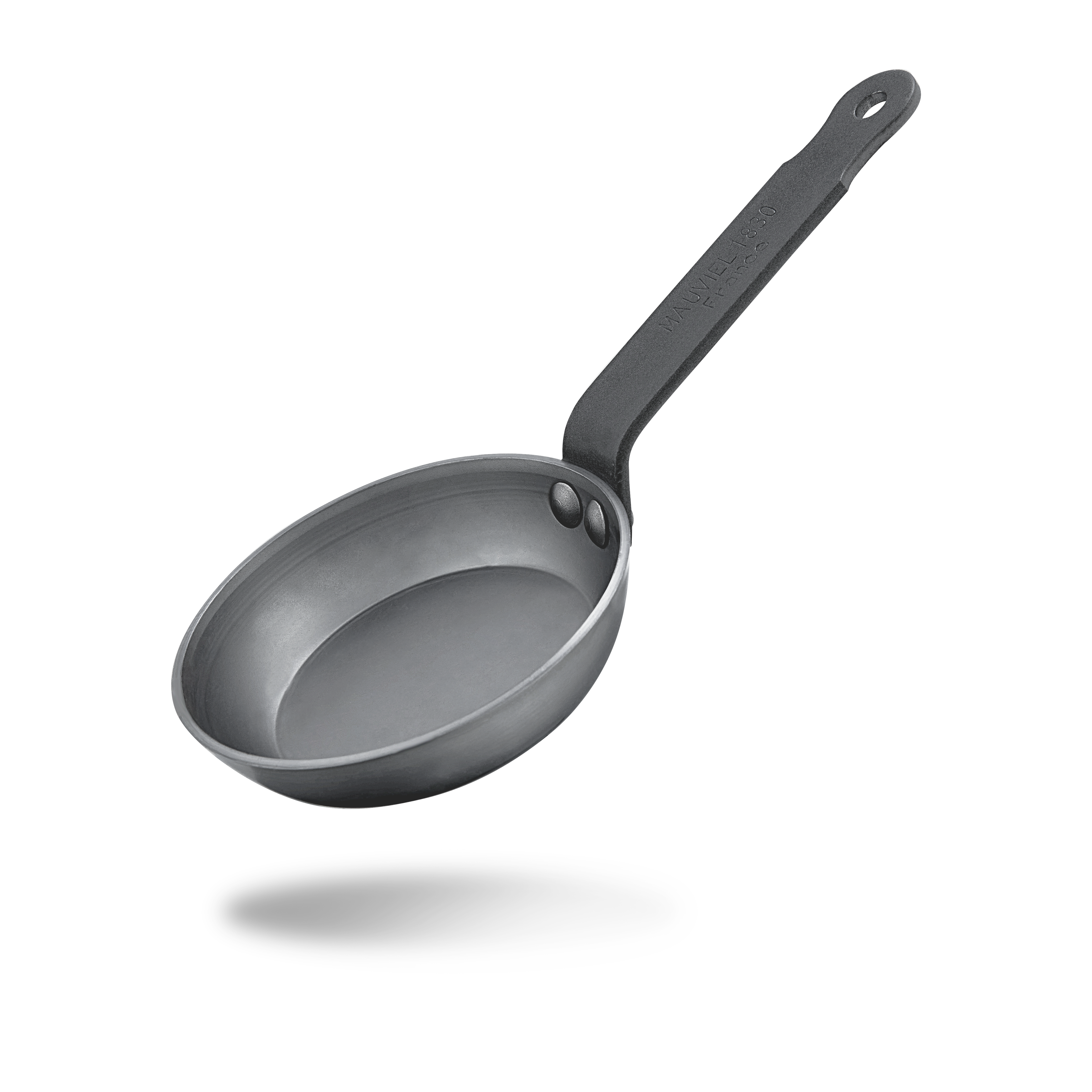 Mauviel M'STEEL black carbon steel blini pan with 4.7-inch diameter, ideal for making small pancakes or blinis.