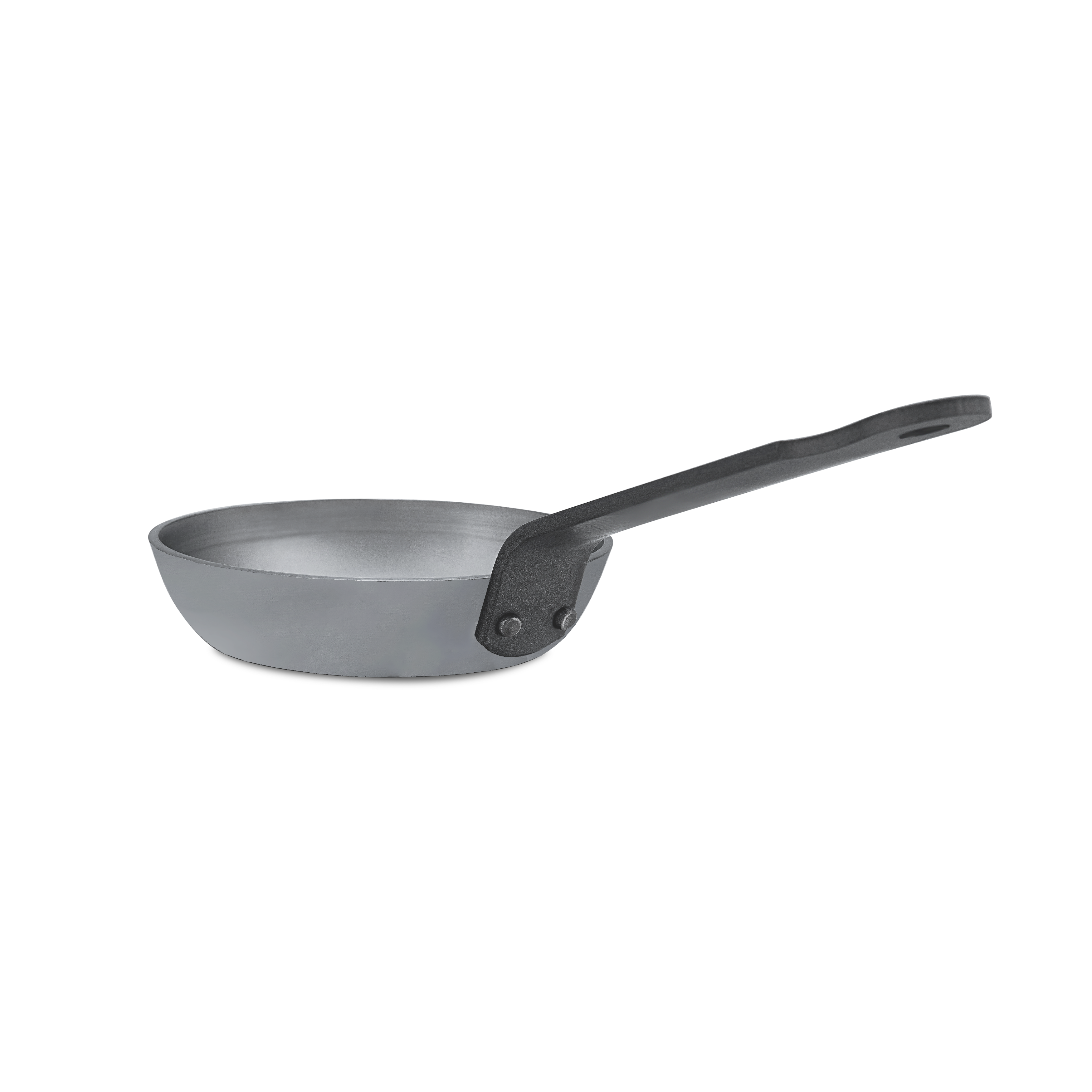 Mauviel M'STEEL Black Carbon Steel Blini Pan, 4.7-inch, versatile frying pan with a smooth black finish for cooking blinis and small foods.