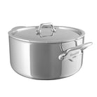 Mauviel M'URBAN 4 Tri-Ply stainless steel stewpan with lid and cast stainless steel handles, ideal for versatile cooking.