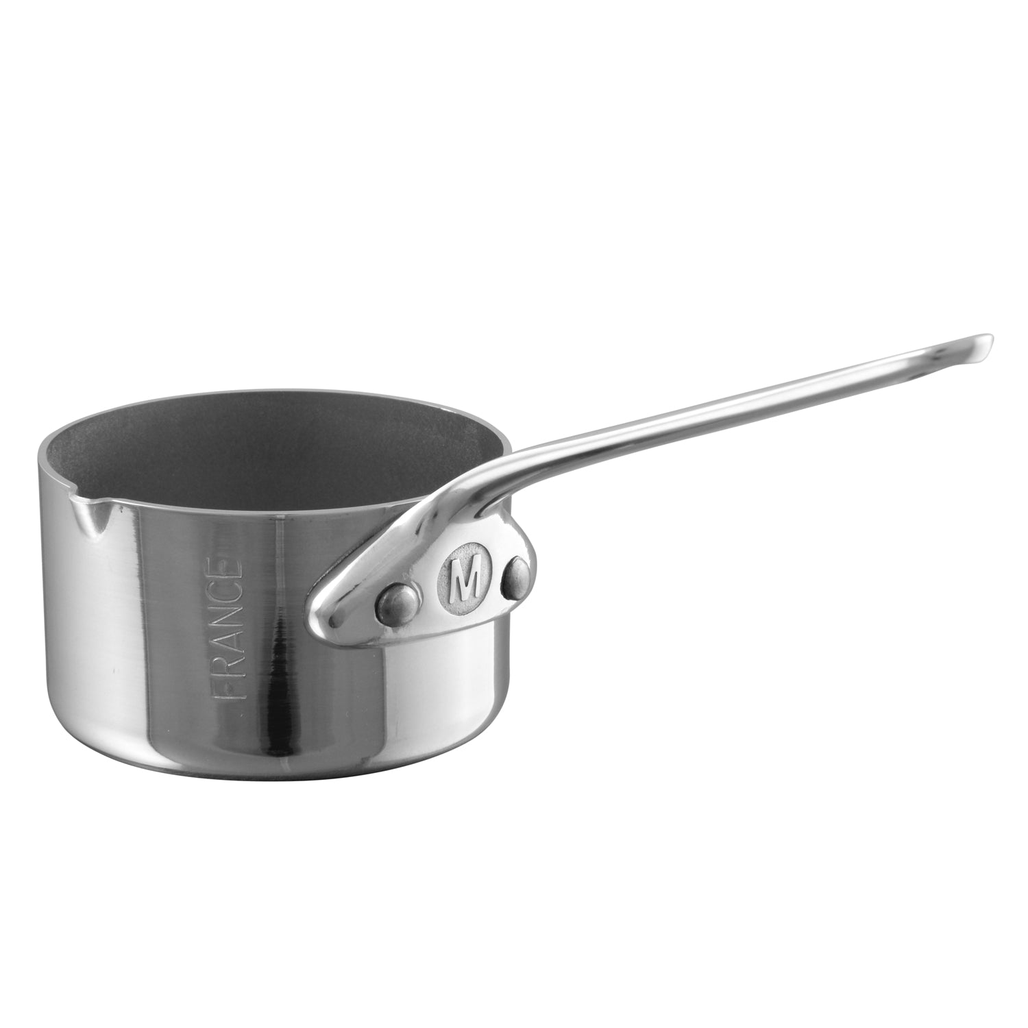 Mauviel M'MINIS stainless steel sauce pan with pouring spout, 2-inch size, showing a shiny handle and smooth interior surface.