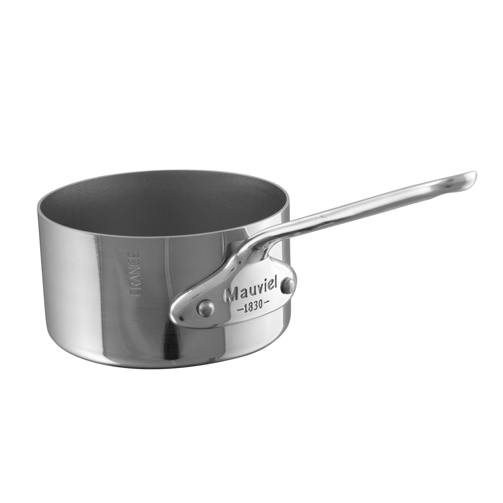 Mauviel M'MINIS 3.5-inch stainless steel handle sauce pan, compact cookware ideal for small sauces and simmering.