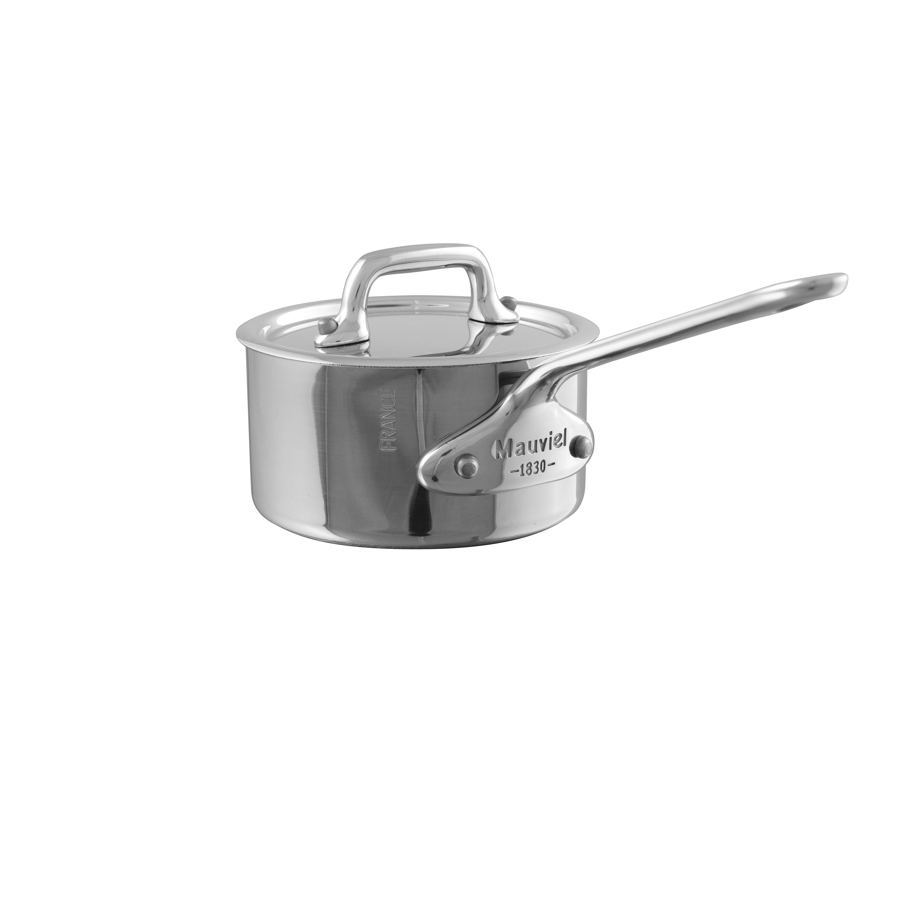 Mauviel M'MINIS stainless steel sauce pan with lid, 3.54 inches, sleek cookware for stovetop cooking and sauce preparation.