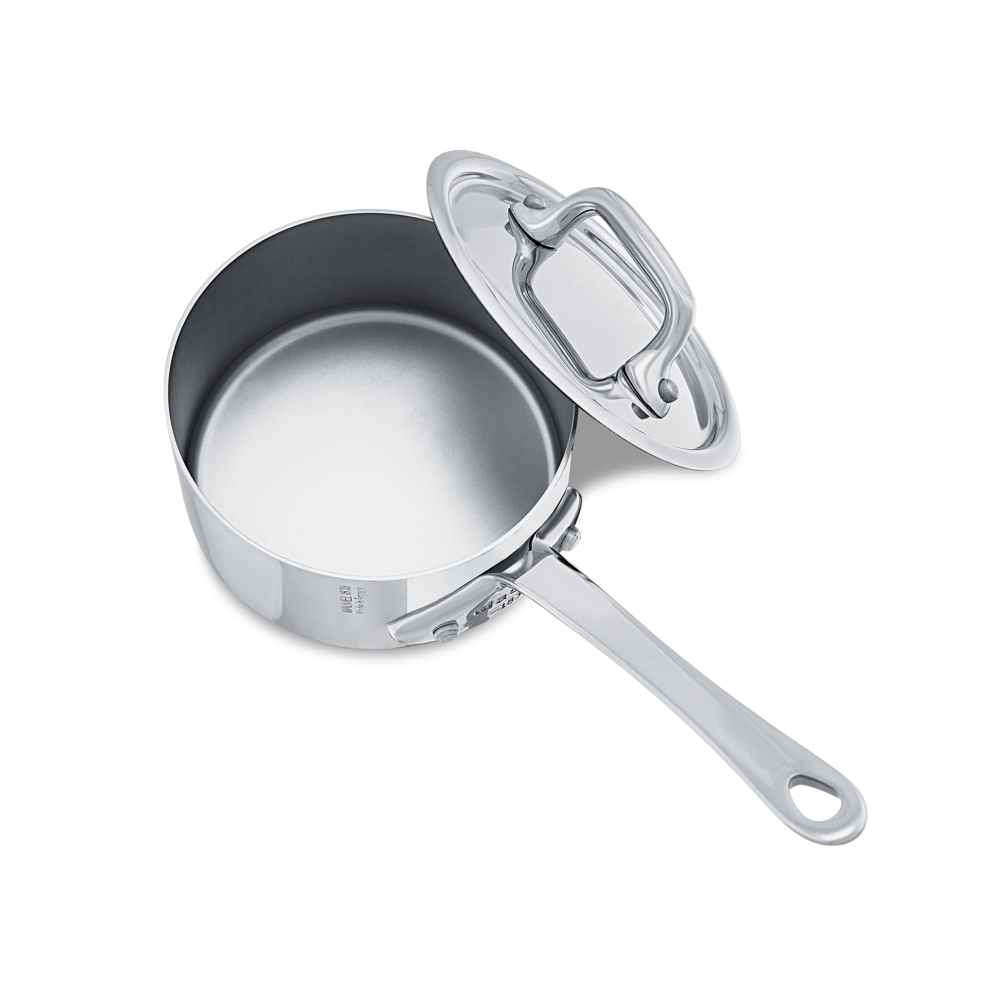 Mauviel M'MINIS stainless steel sauce pan with lid, 3.54-inch diameter, ideal for small sauces and cooking tasks.