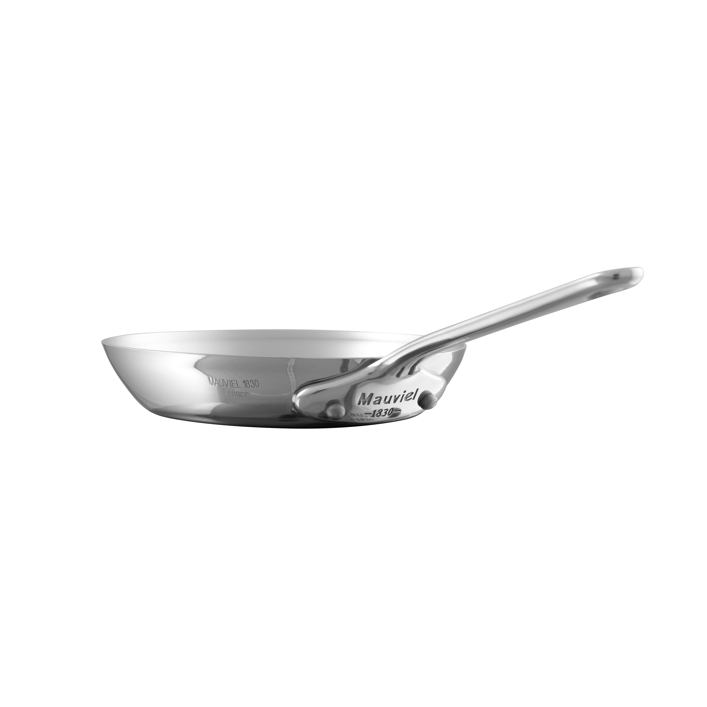 Mauviel M'MINIS stainless steel round frying pan, 4.7 inches, with a polished handle and cooking surface, ideal for small frying tasks.