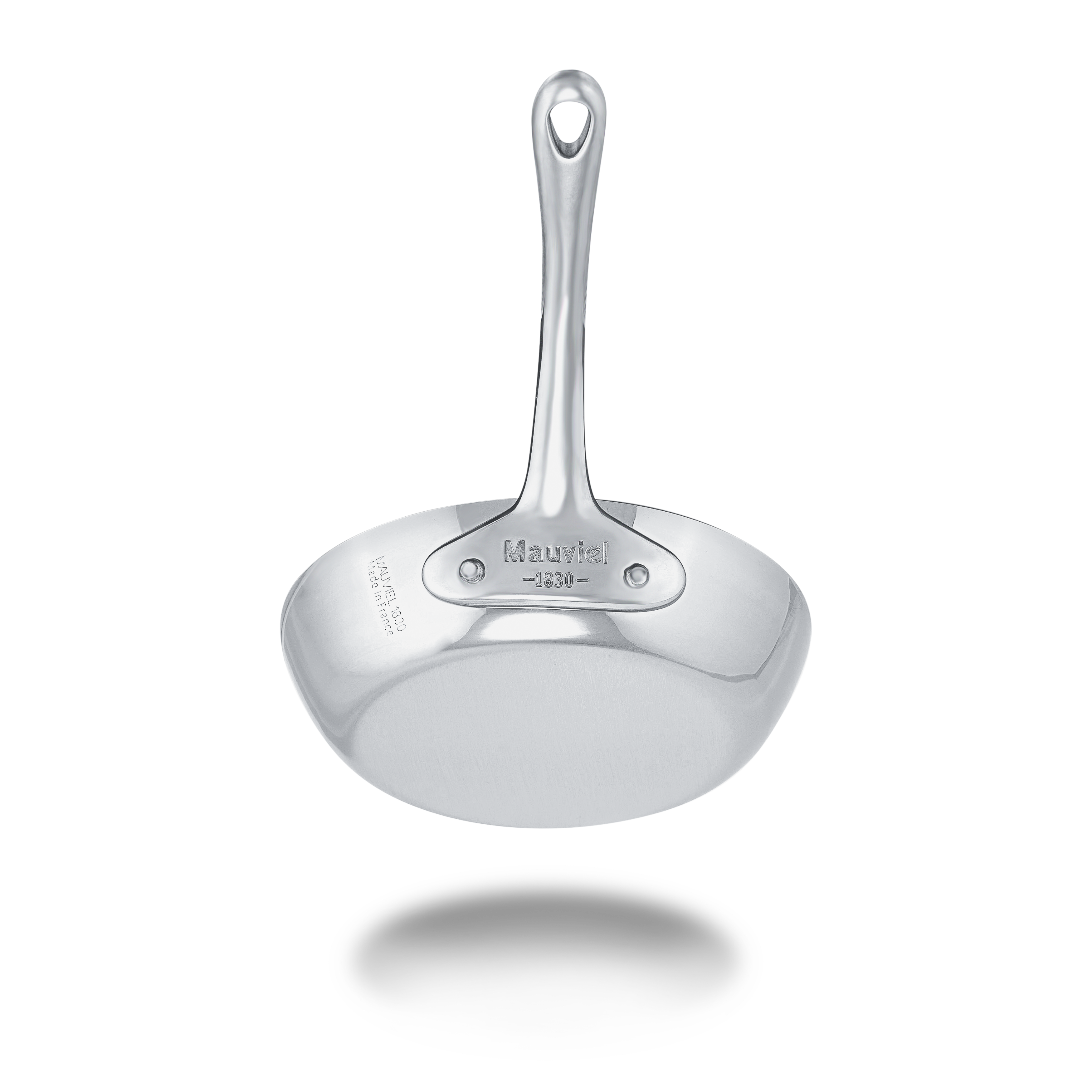 Mauviel M'MINIS stainless steel round frying pan, 4.7-inch diameter, with a polished handle and cooking surface.
