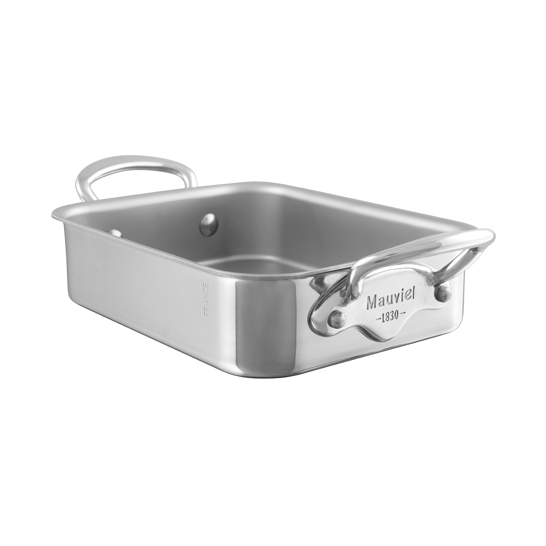 Mauviel M'Minis stainless steel roasting pan with 5.5 x 3.9-inch dimensions, ideal for roasting small dishes or vegetables.
