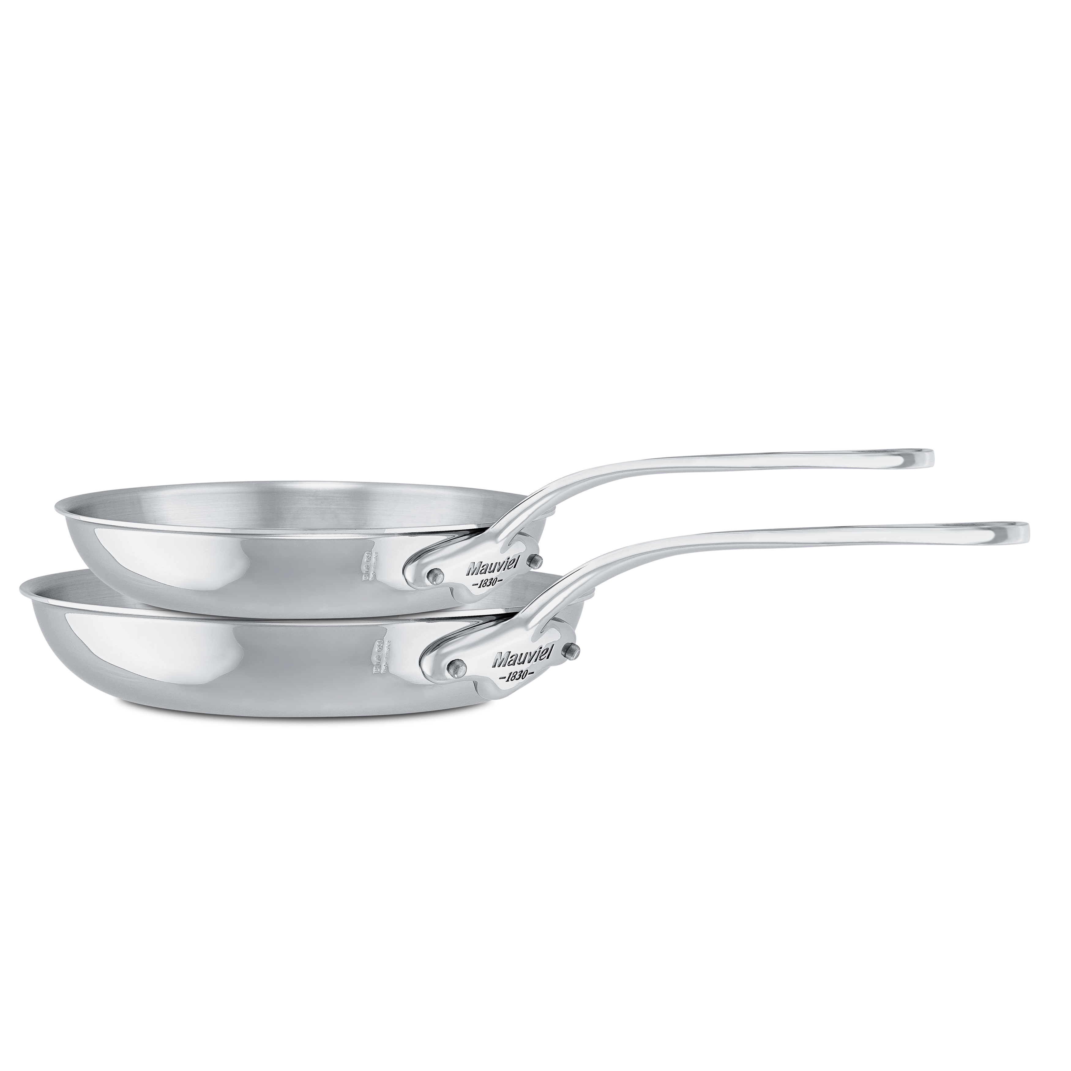 Mauviel M'COOK 5-ply stainless steel frying pan set with two pans and cast stainless steel handles, ideal for versatile cooking.