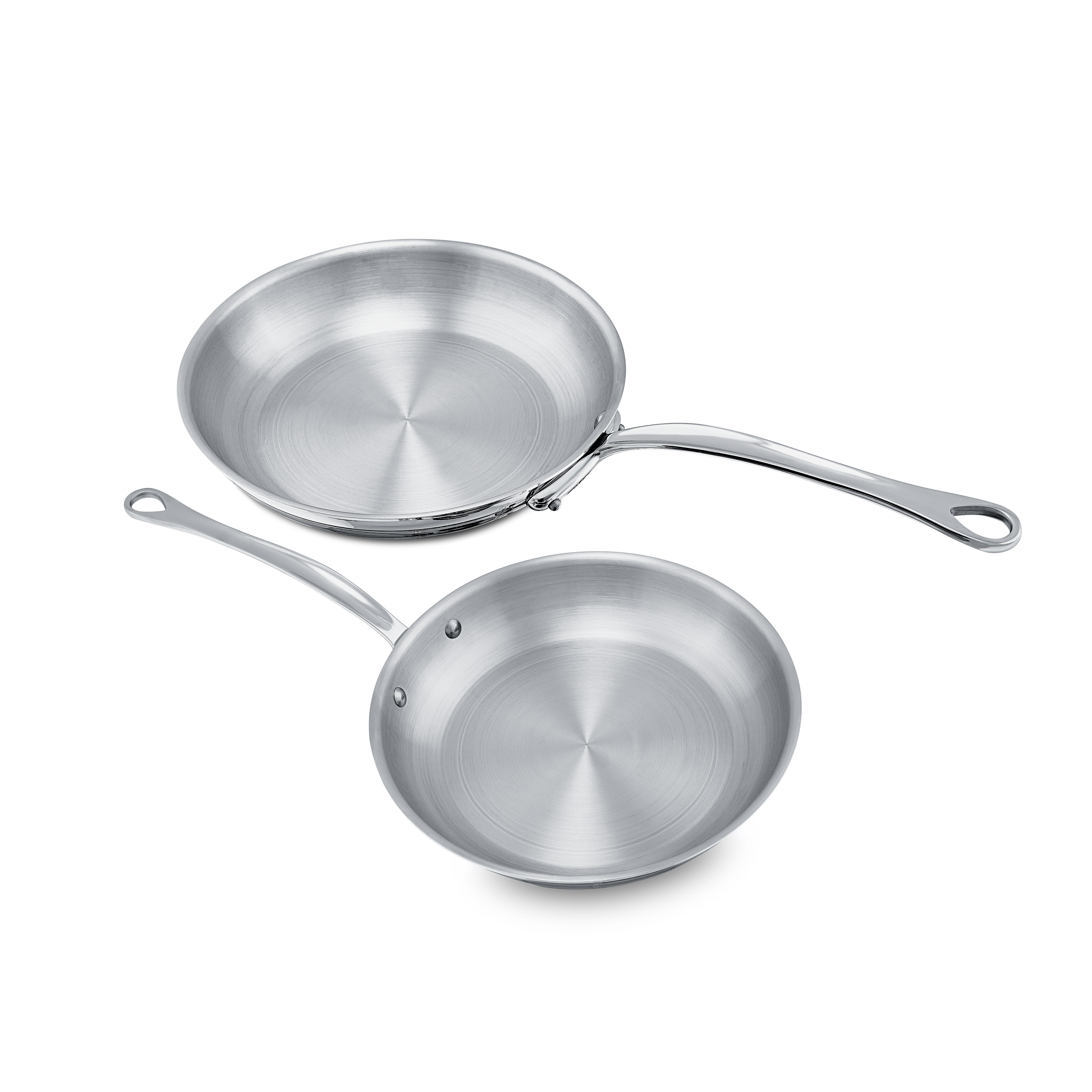 Mauviel M'COOK 5-ply stainless steel frying pan set with two pans and cast stainless steel handles on a kitchen countertop