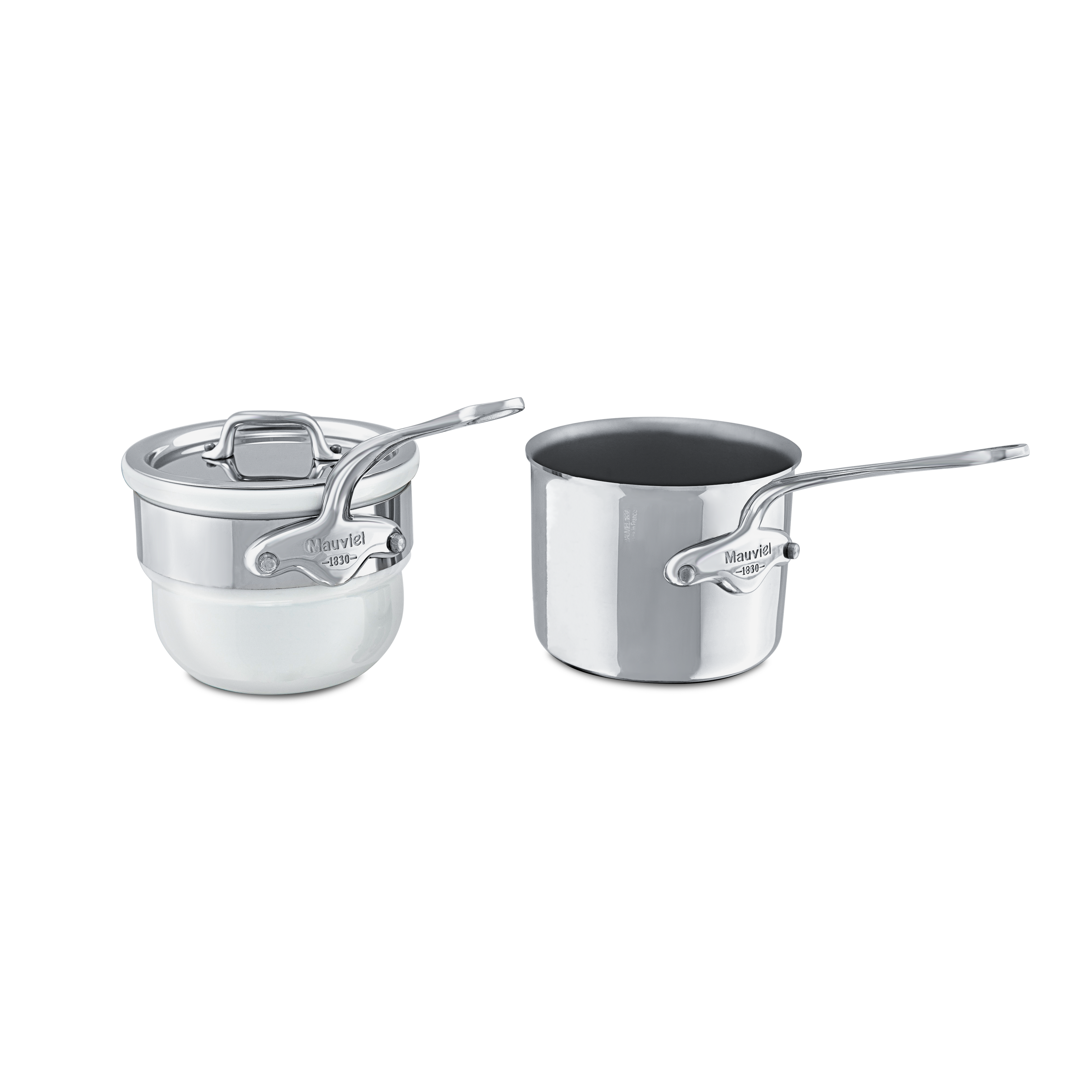 Mauviel stainless steel double boiler with lid, cast handle, 0.9-quart capacity, ideal for gentle heating and melting.