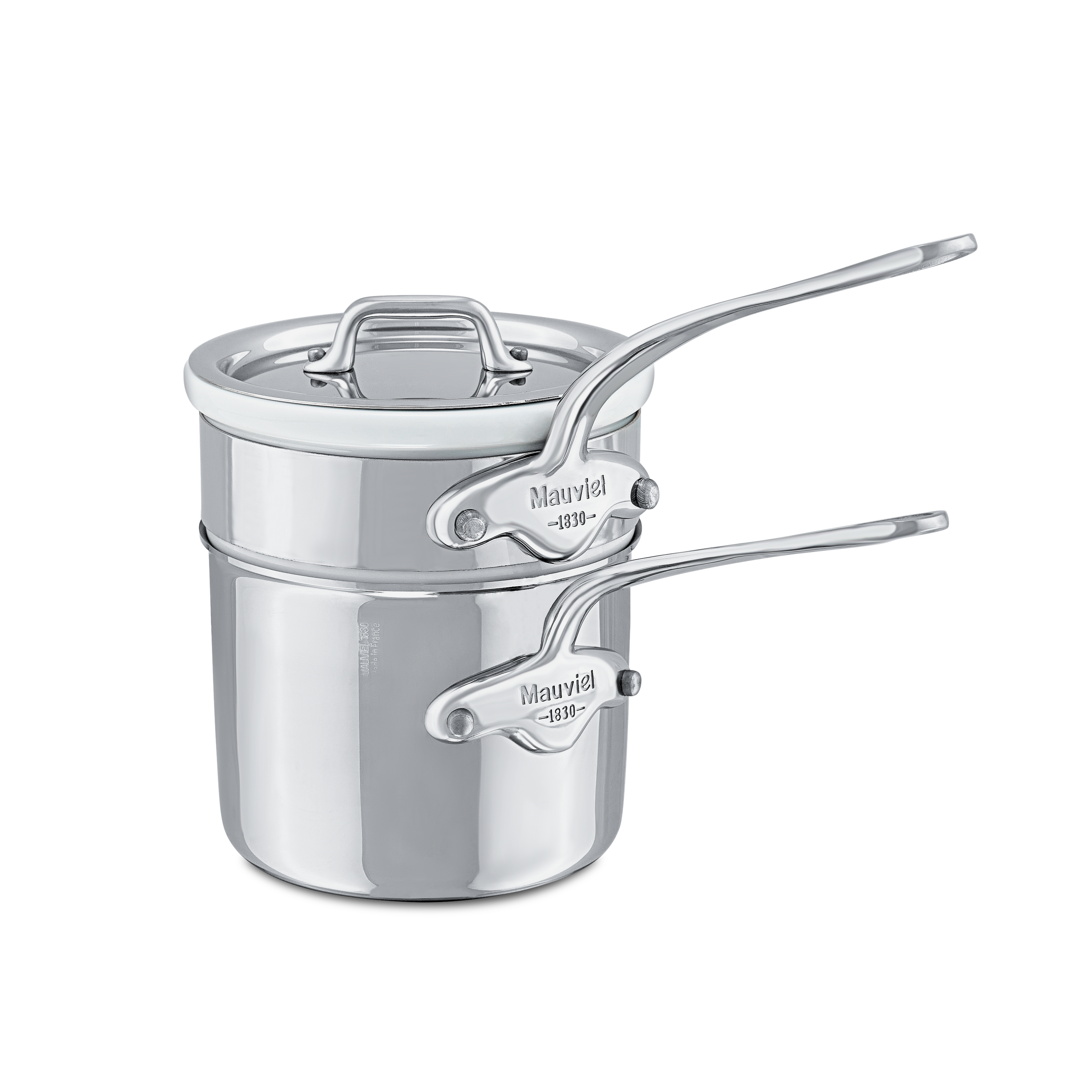 Mauviel stainless steel double boiler with lid and cast handle, 0.9-quart capacity, ideal for gentle heating and melting.