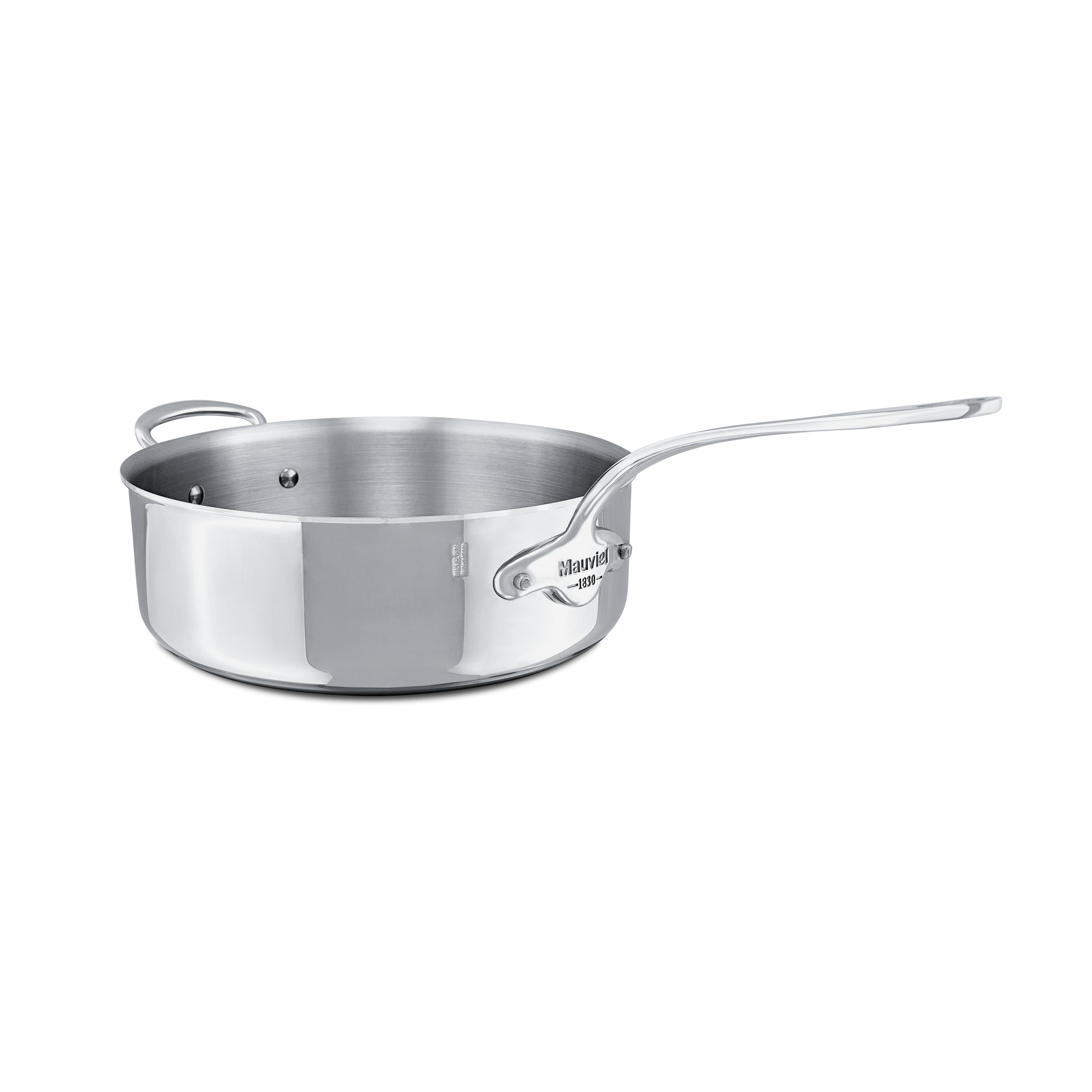 Mauviel M'COOK 5-ply stainless steel saute pan with lid and helper handle, 6.2-quart capacity, cast stainless steel handle.