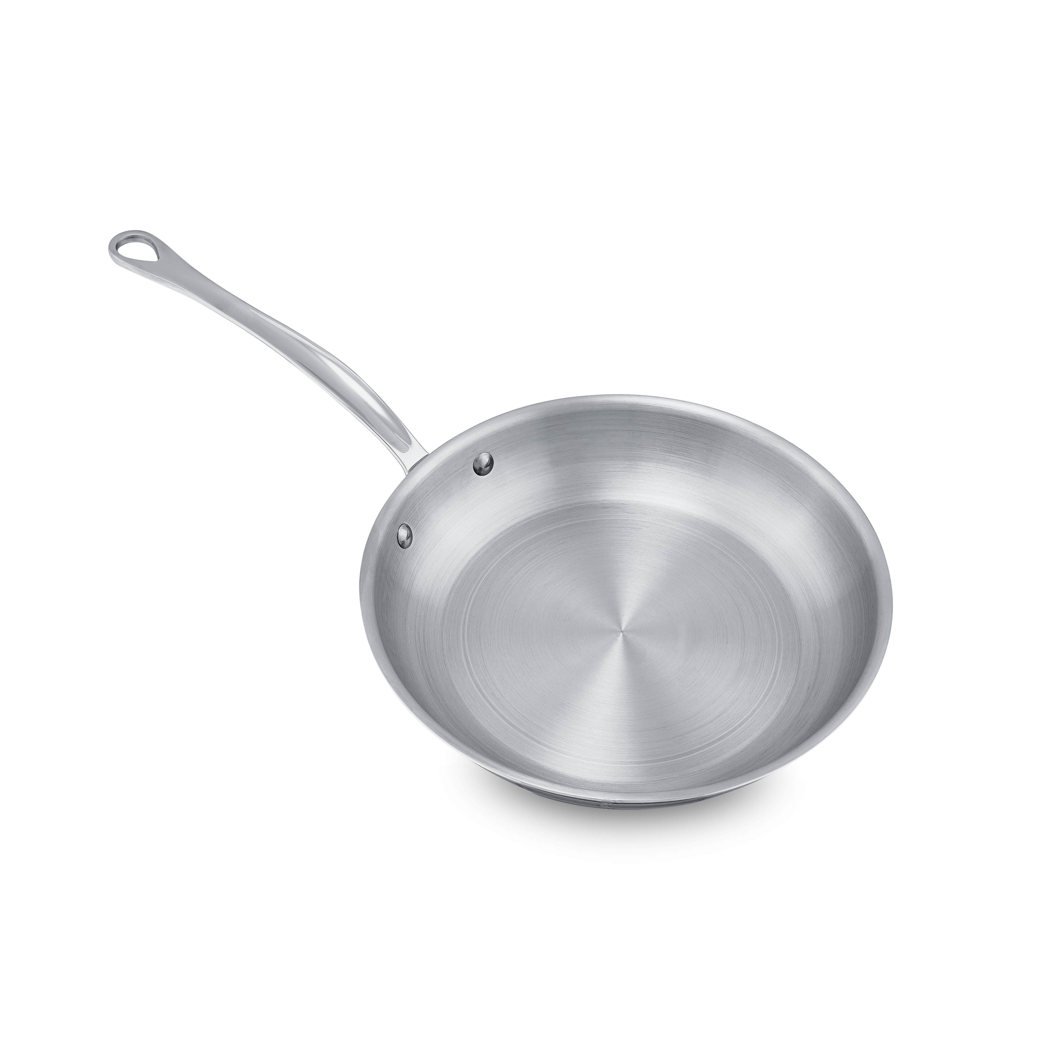 Mauviel M'COOK 11-inch 5-ply stainless steel frying pan with lid and cast stainless steel handle.