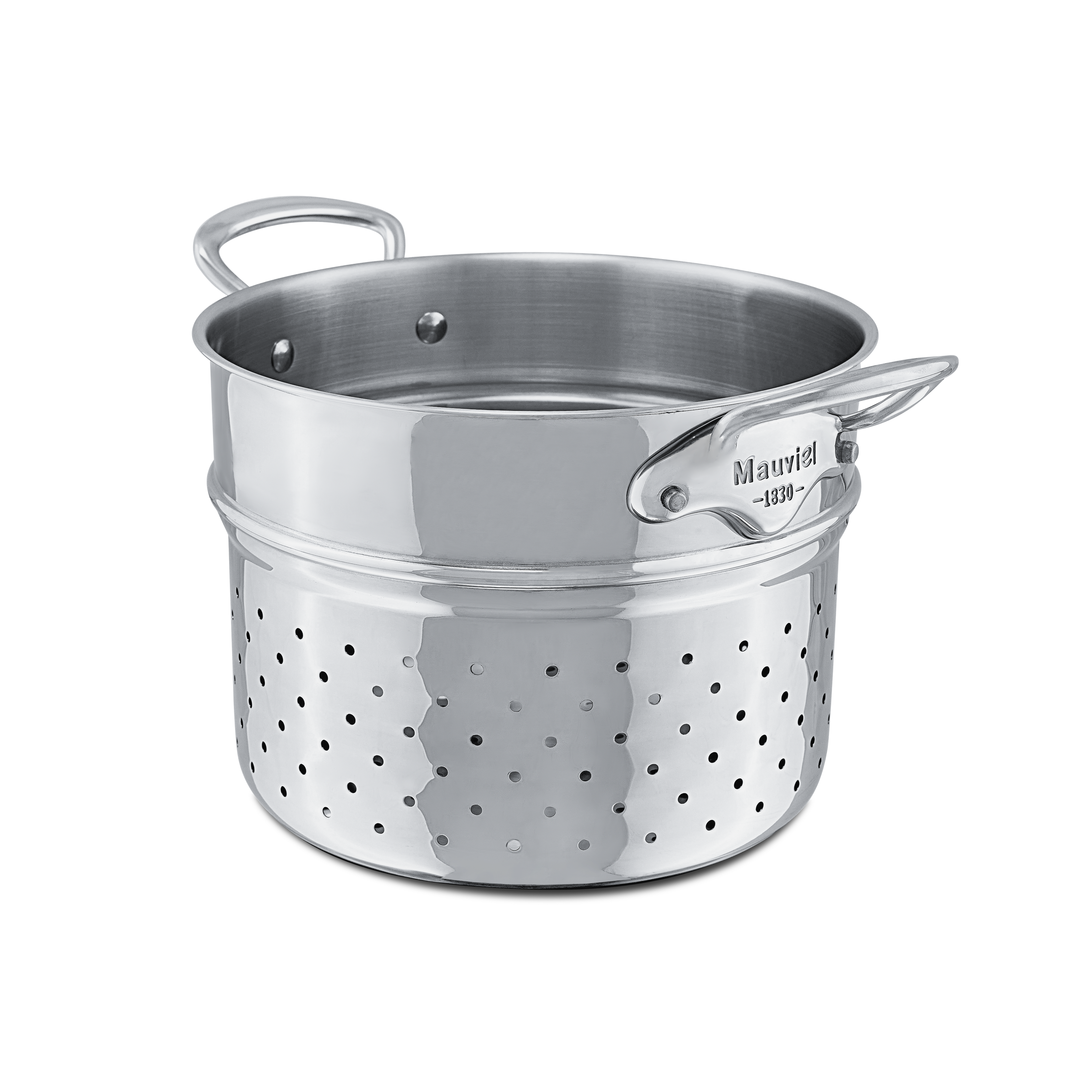 Mauviel 9.4-inch stainless steel pasta insert with cast handle, ideal for draining and serving pasta in cookware.