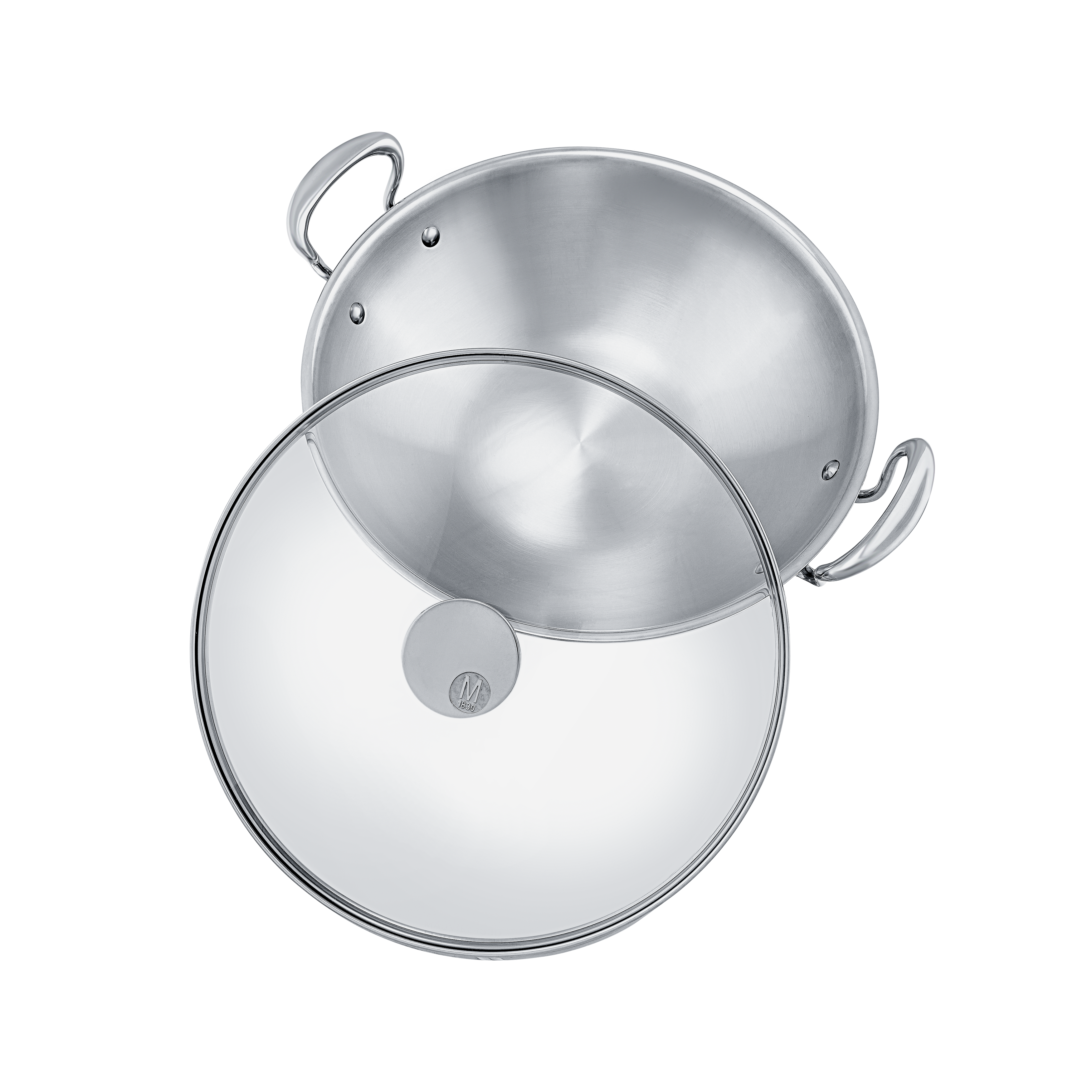 Mauviel M'COOK 5-ply stainless steel wok with two cast handles, 12.6-inch diameter, ideal for stir-frying and sautéing.