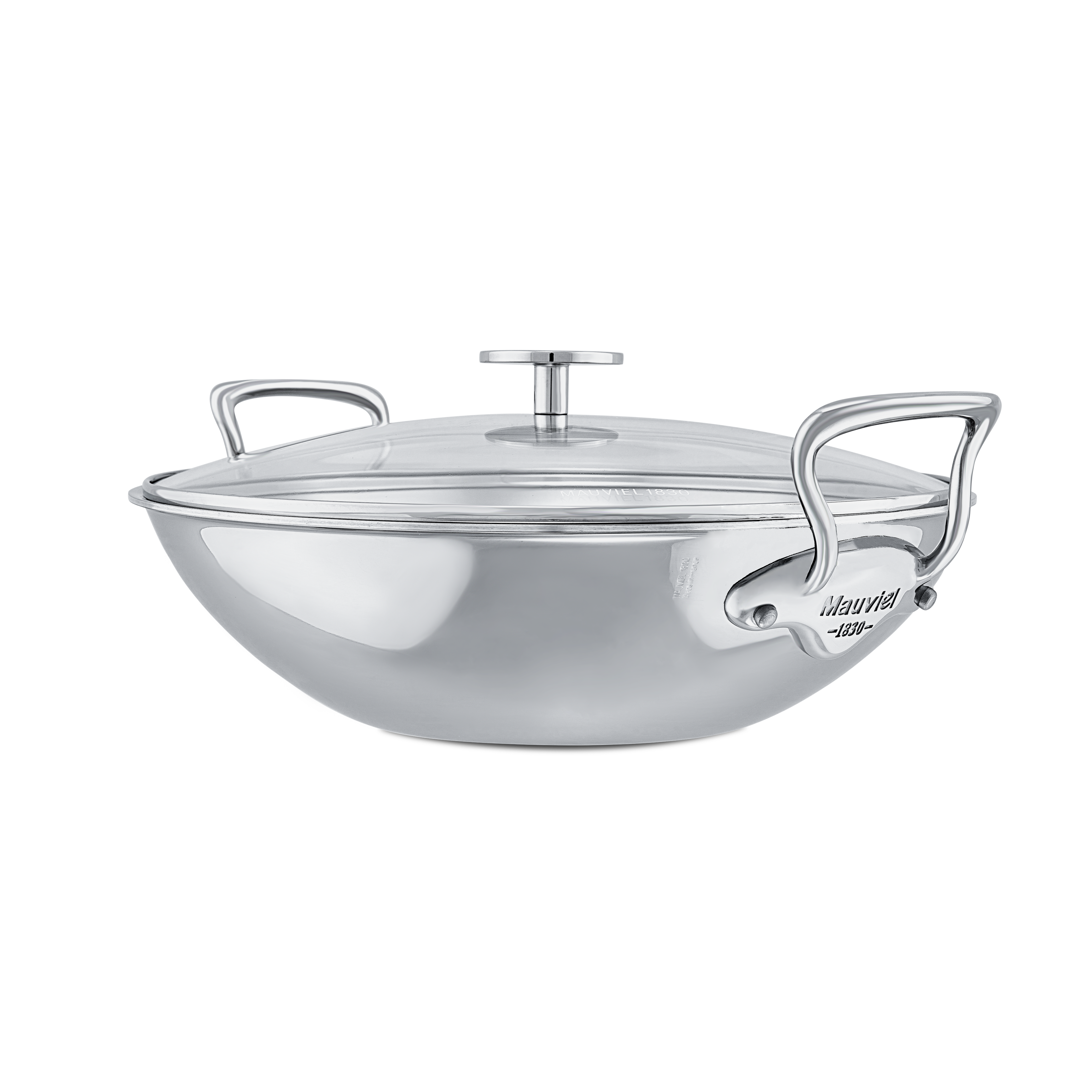 Mauviel M'COOK 5-Ply stainless steel wok with two cast handles, 12.6 inches, showcasing its sleek, polished surface and sturdy construction.