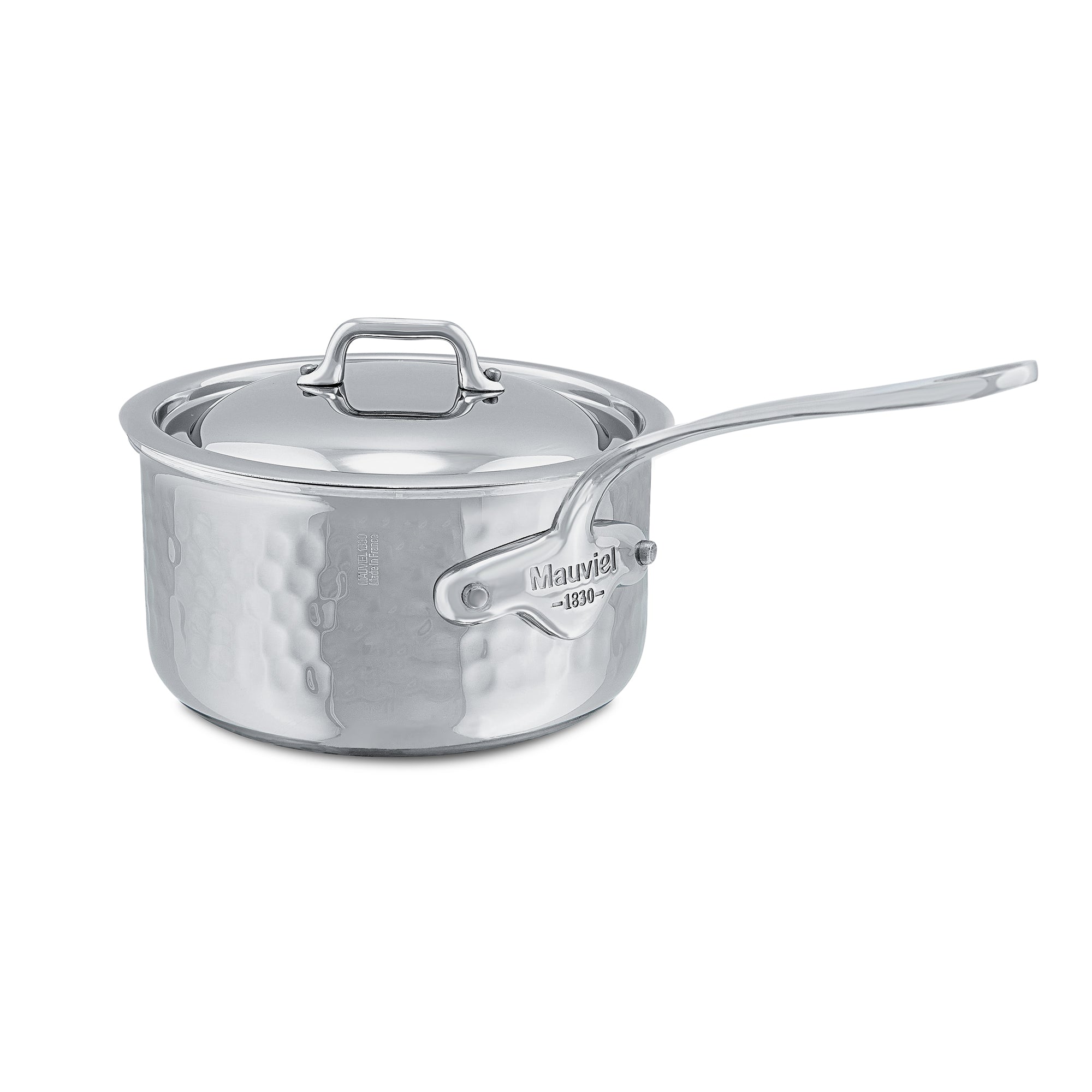 Mauviel M'ELITE Hammered 5-Ply Sauce Pan With Curved Lid, Cast Stainless Steel Handles, 0.8-Qt - Mauviel1830