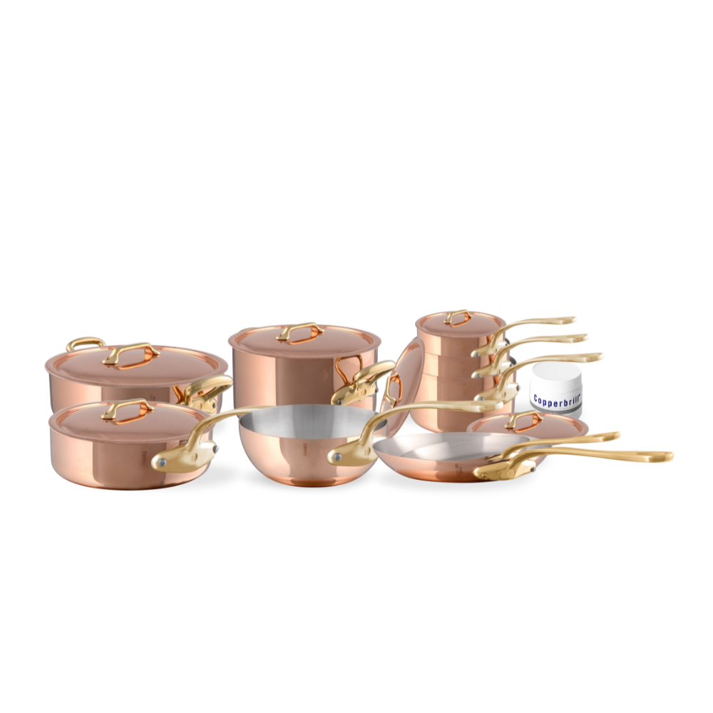 Mauviel M'Heritage M'200 B 16-piece cookware set with brass handles, including pots and pans in stainless steel finish.