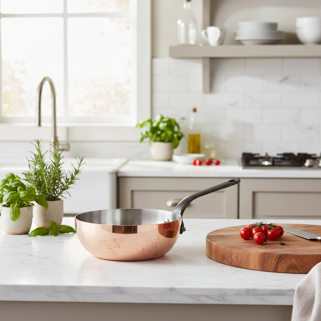 Mauviel M'Heritage M'150 CI 2.1-Qt chef pan with cast iron handle, stainless steel interior, and polished exterior.