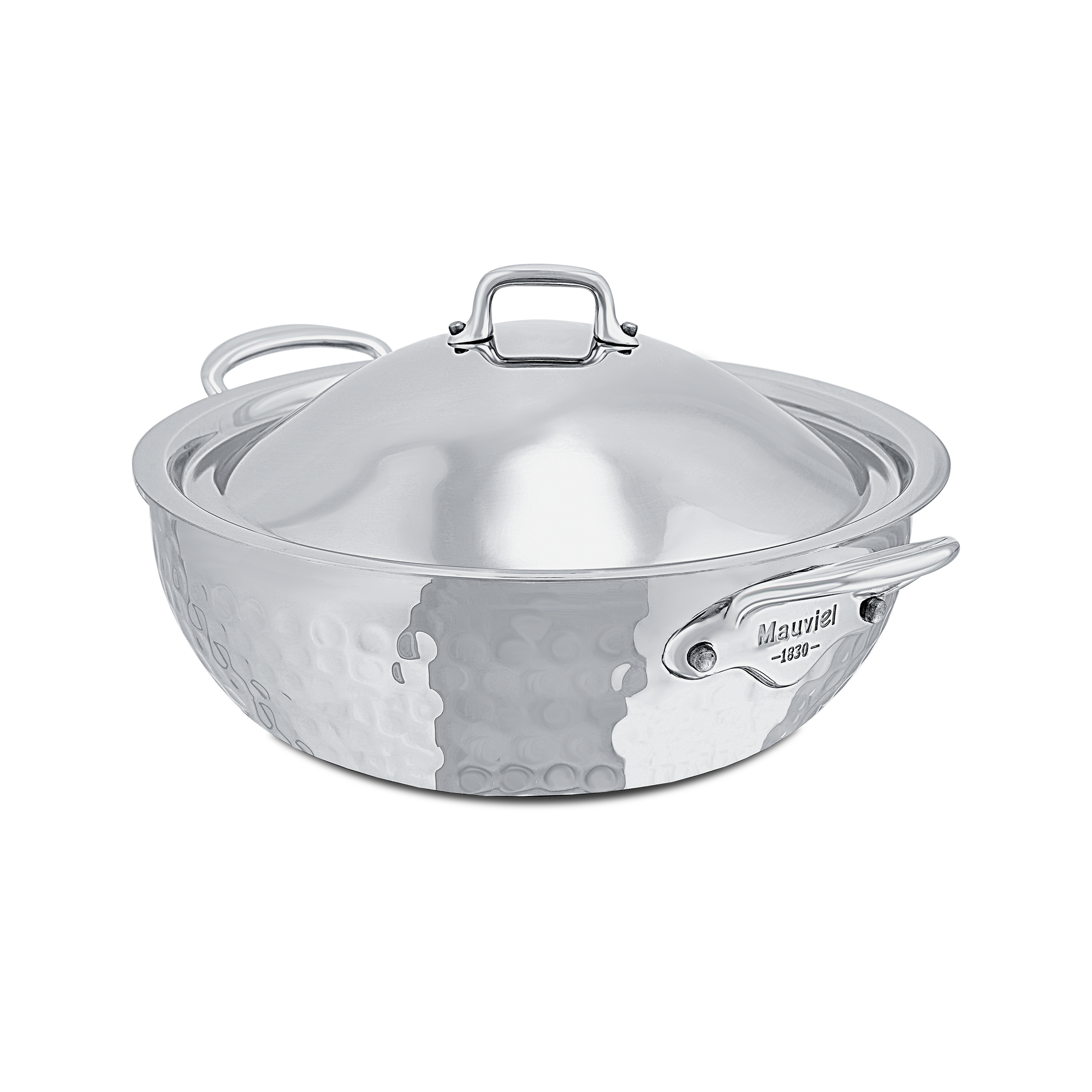 Mauviel M'ELITE Hammered 5-Ply Curved Splayed Saute Pan With Dome Lid, Cast Stainless Steel Handles, 7.2-Qt - Mauviel1830