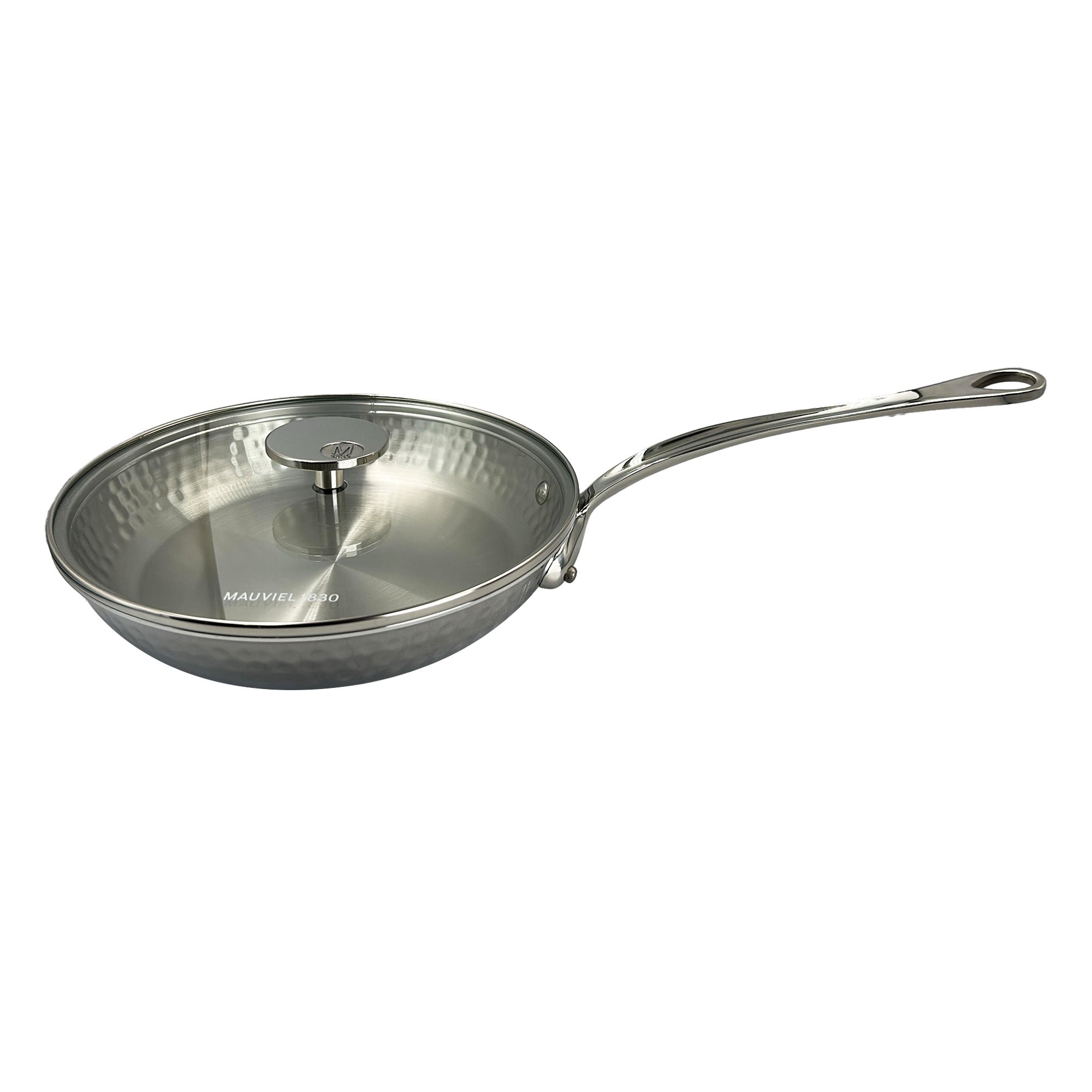 Mauviel M'ELITE Hammered 5-Ply Frying Pan With Glass Lid, Cast Stainless Steel Handles, 9.4-In - Mauviel1830